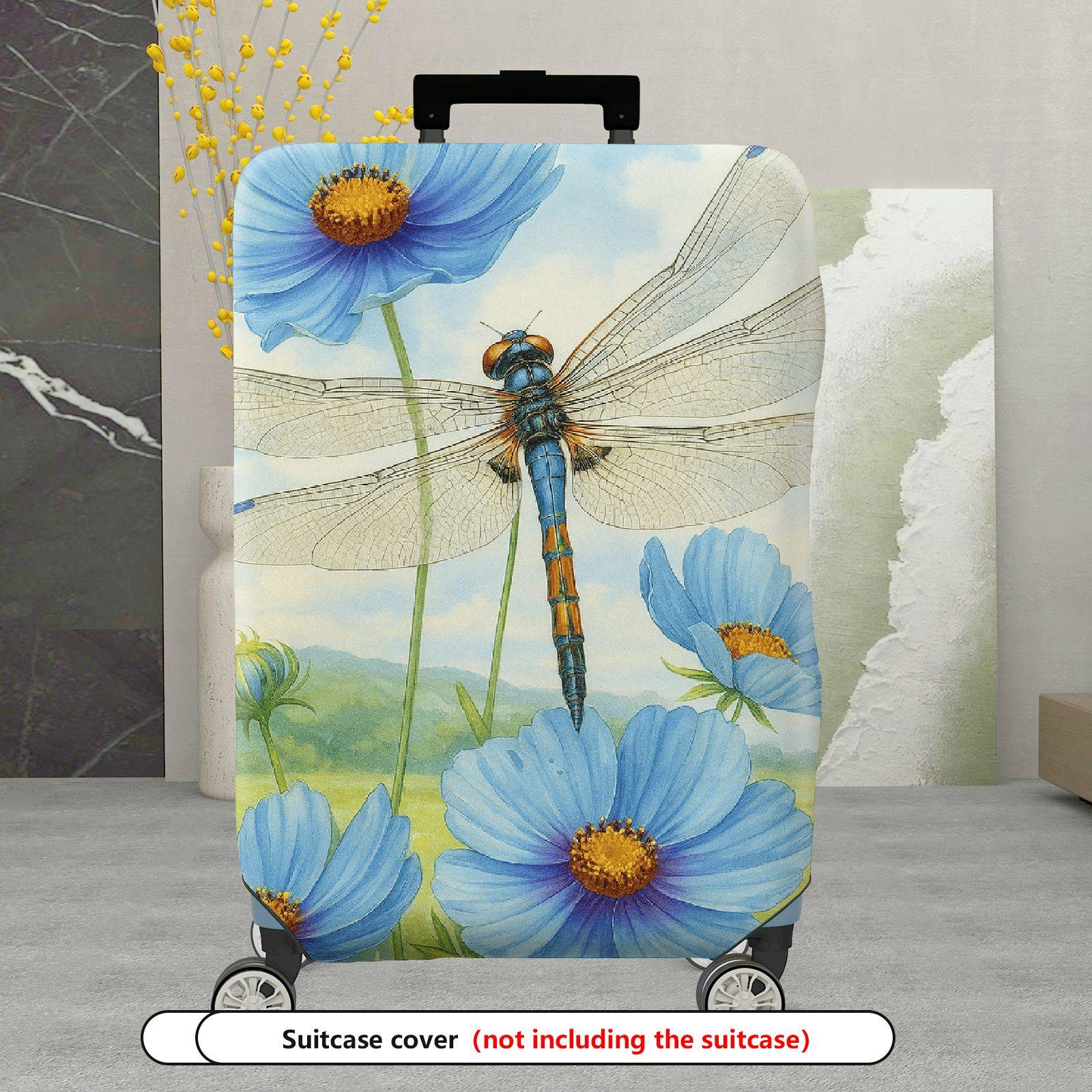 1-Piece Dragonfly Blue Flower Watercolor Nature Artistic  Suitcase Luggage Cover, Stretch Protective Sleeve