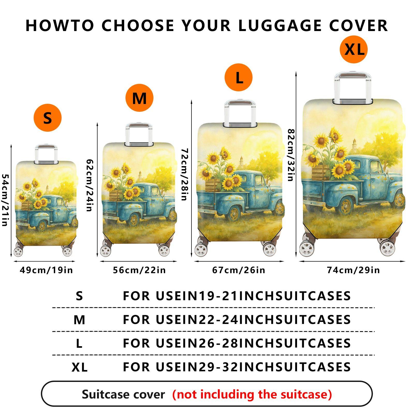 1-Piece Summer Sunflower Farm Vintage Truck Nature Art  Suitcase Luggage Cover, Stretch Protective Sleeve