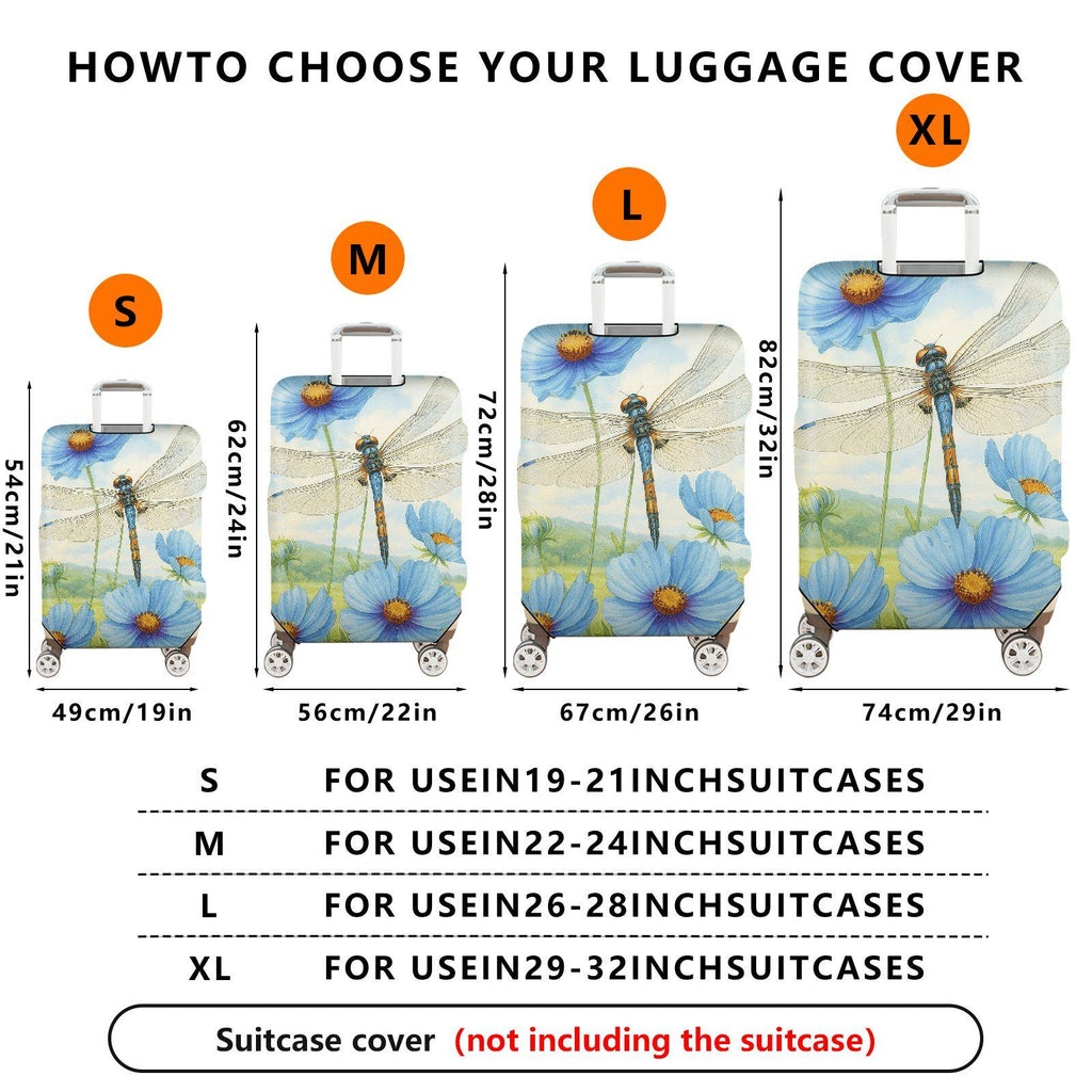 1-Piece Dragonfly Blue Flower Watercolor Nature Artistic  Suitcase Luggage Cover, Stretch Protective Sleeve
