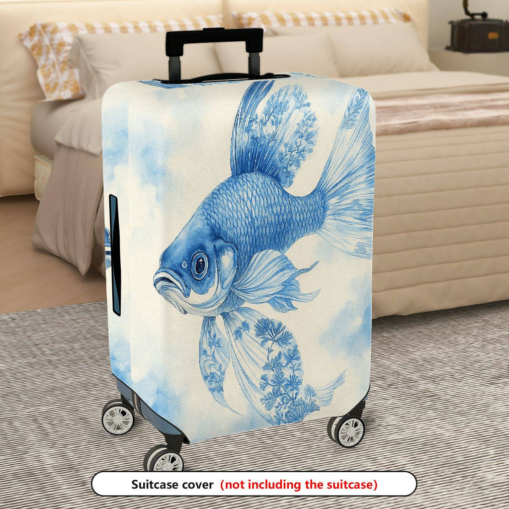 1-Piece Artistic Blue Fish Floral Nature Elegant  Suitcase Luggage Cover, Stretch Protective Sleeve