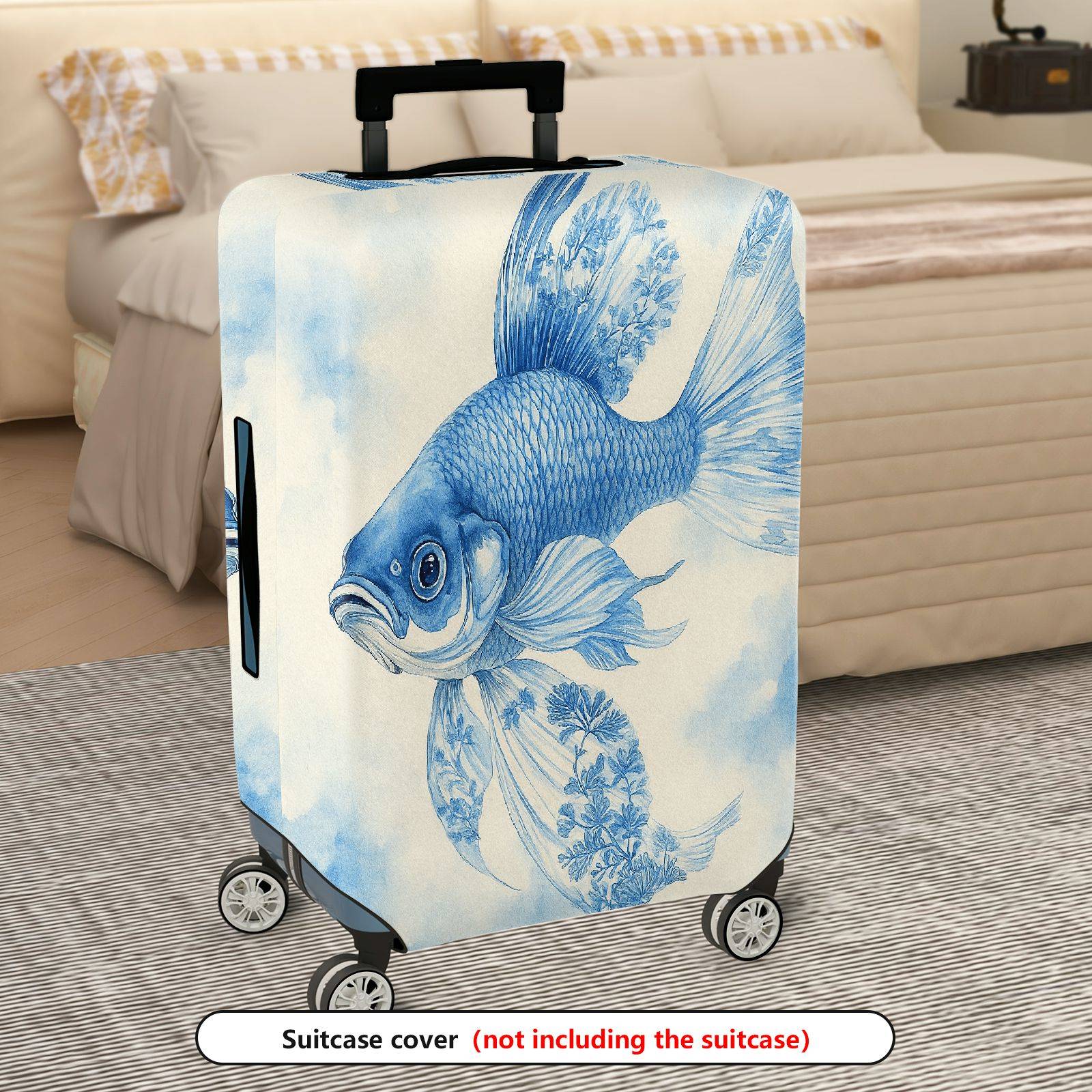 1-Piece Artistic Blue Fish Floral Nature Elegant  Suitcase Luggage Cover, Stretch Protective Sleeve