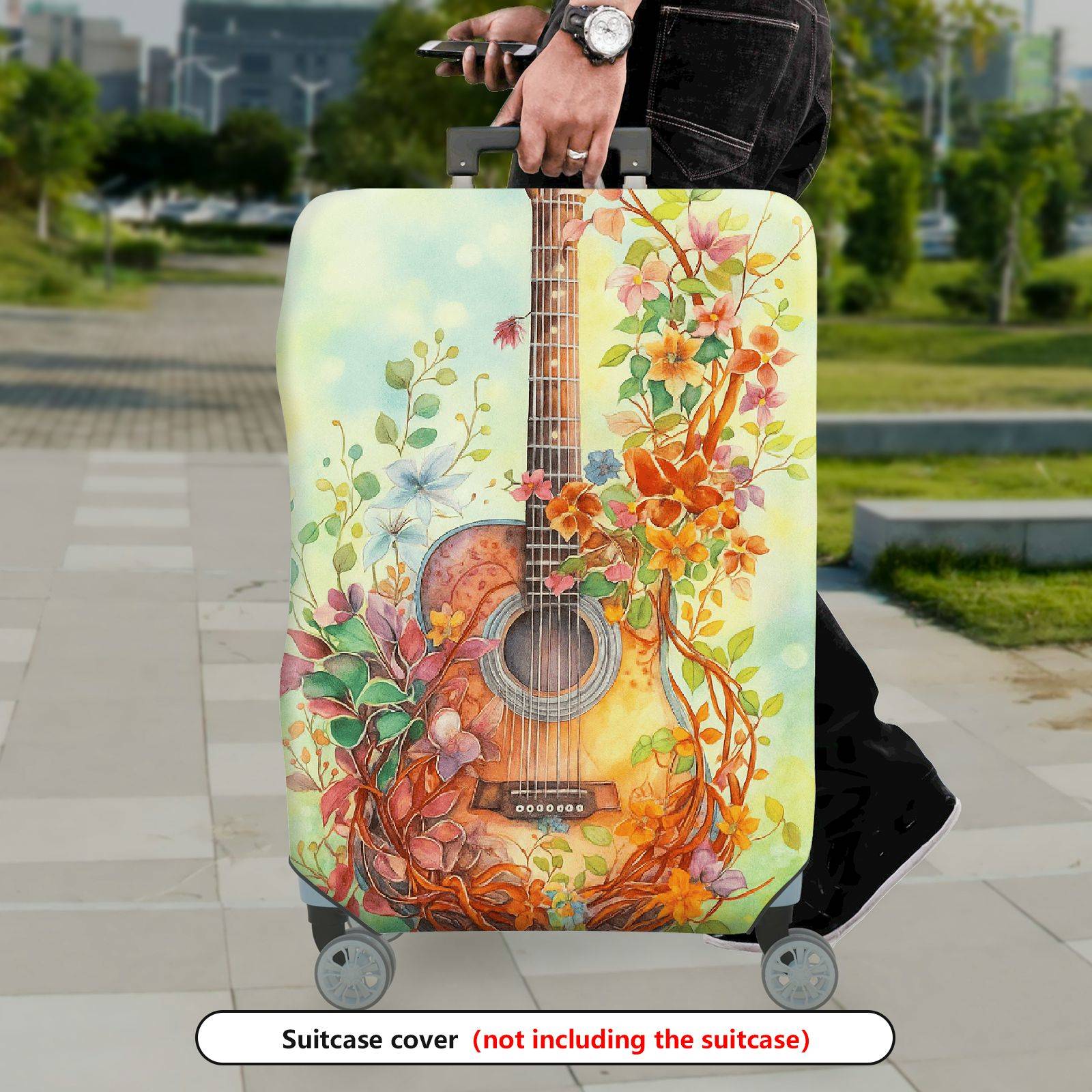 1-Piece Vintage Guitar Floral Artistic Nature Colorful  Suitcase Luggage Cover, Stretch Protective Sleeve