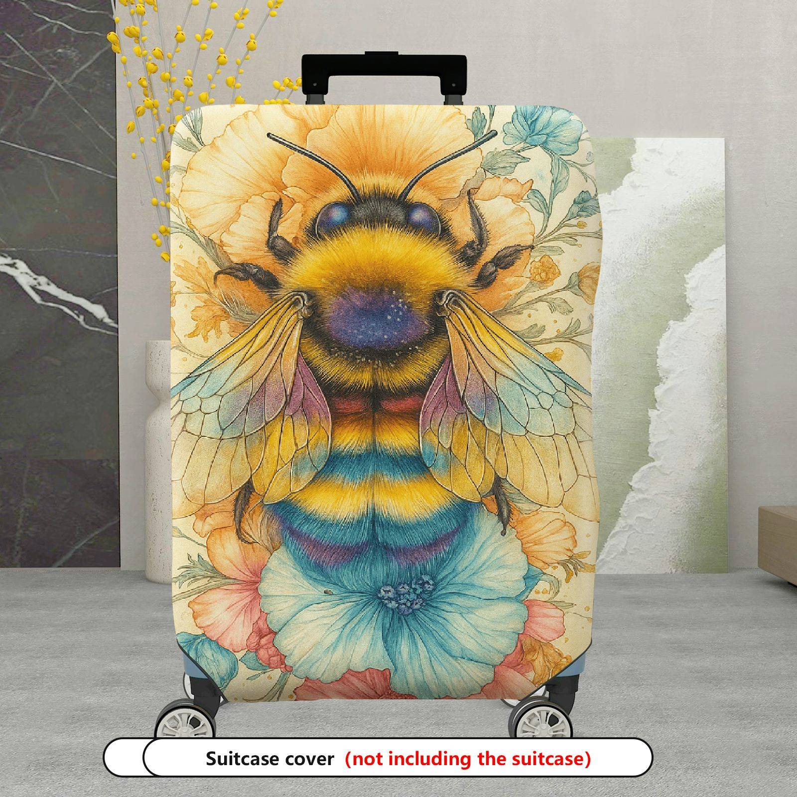 1-Piece Bee Floral Pastel Vintage Artistic Vibrant  Suitcase Luggage Cover, Stretch Protective Sleeve