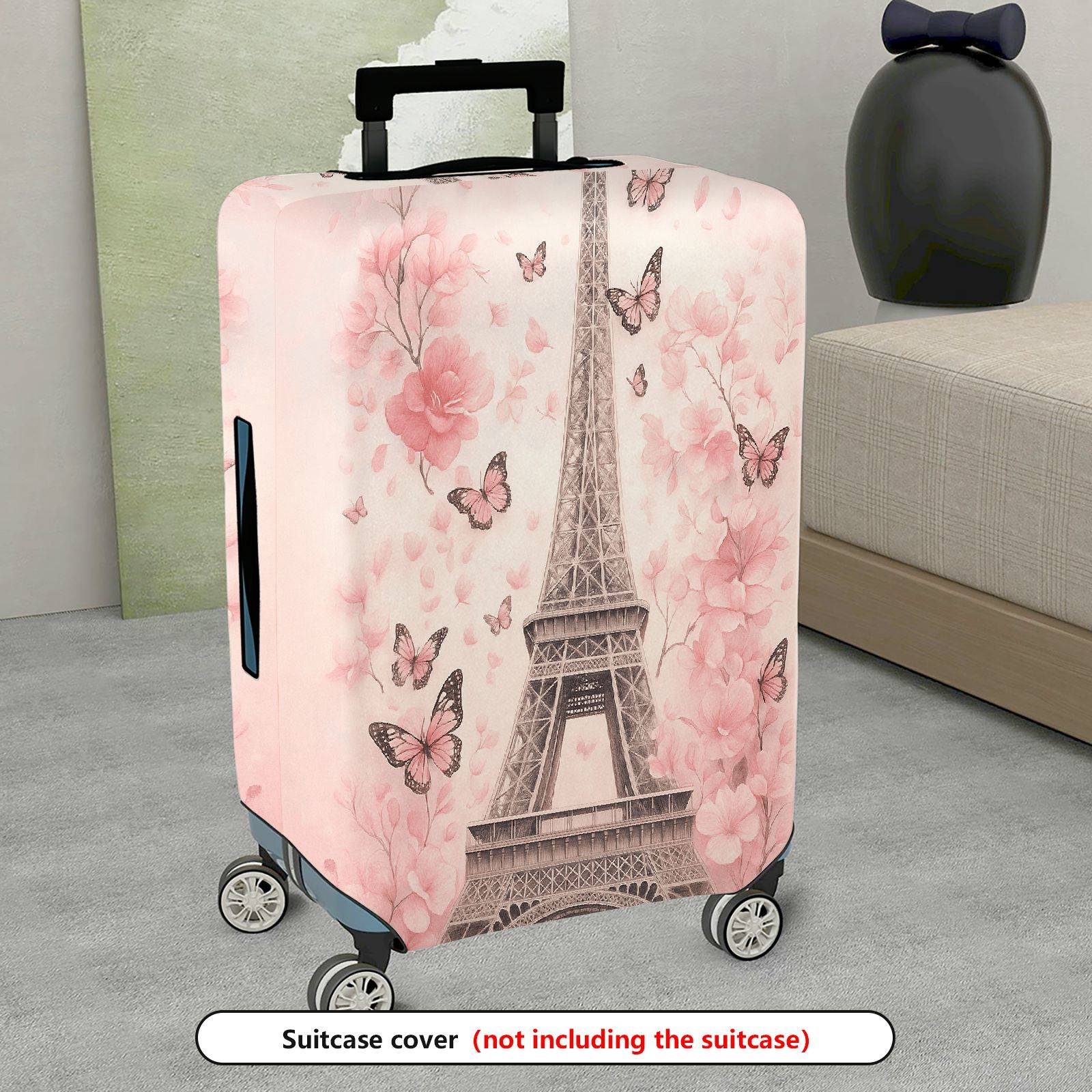 1-Piece Eiffel Tower Butterfly Flower Pink Romantic Paris  Suitcase Luggage Cover, Stretch Protective Sleeve