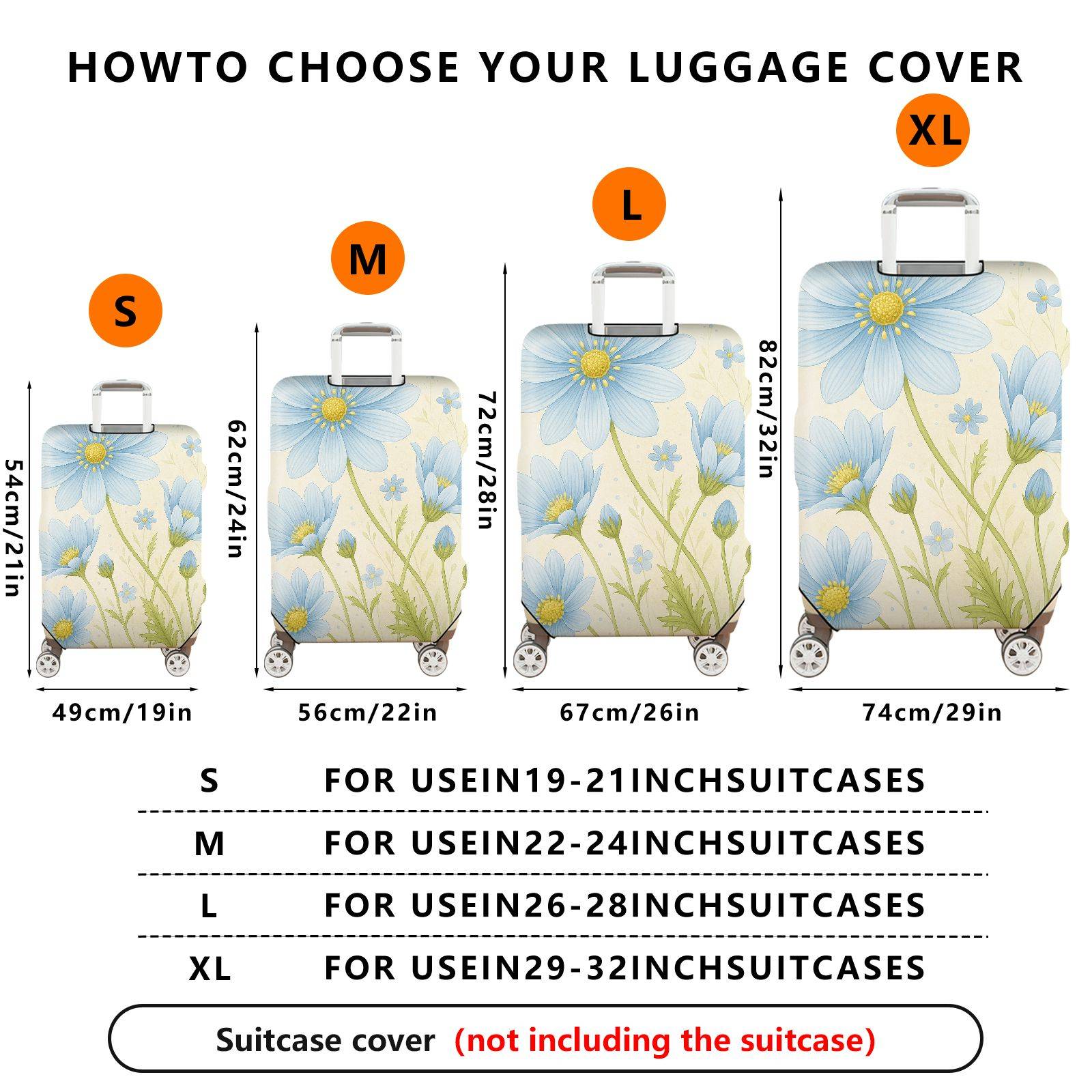 1-Piece Blue Flower Floral Nature Pattern Travel  Suitcase Luggage Cover, Stretch Protective Sleeve