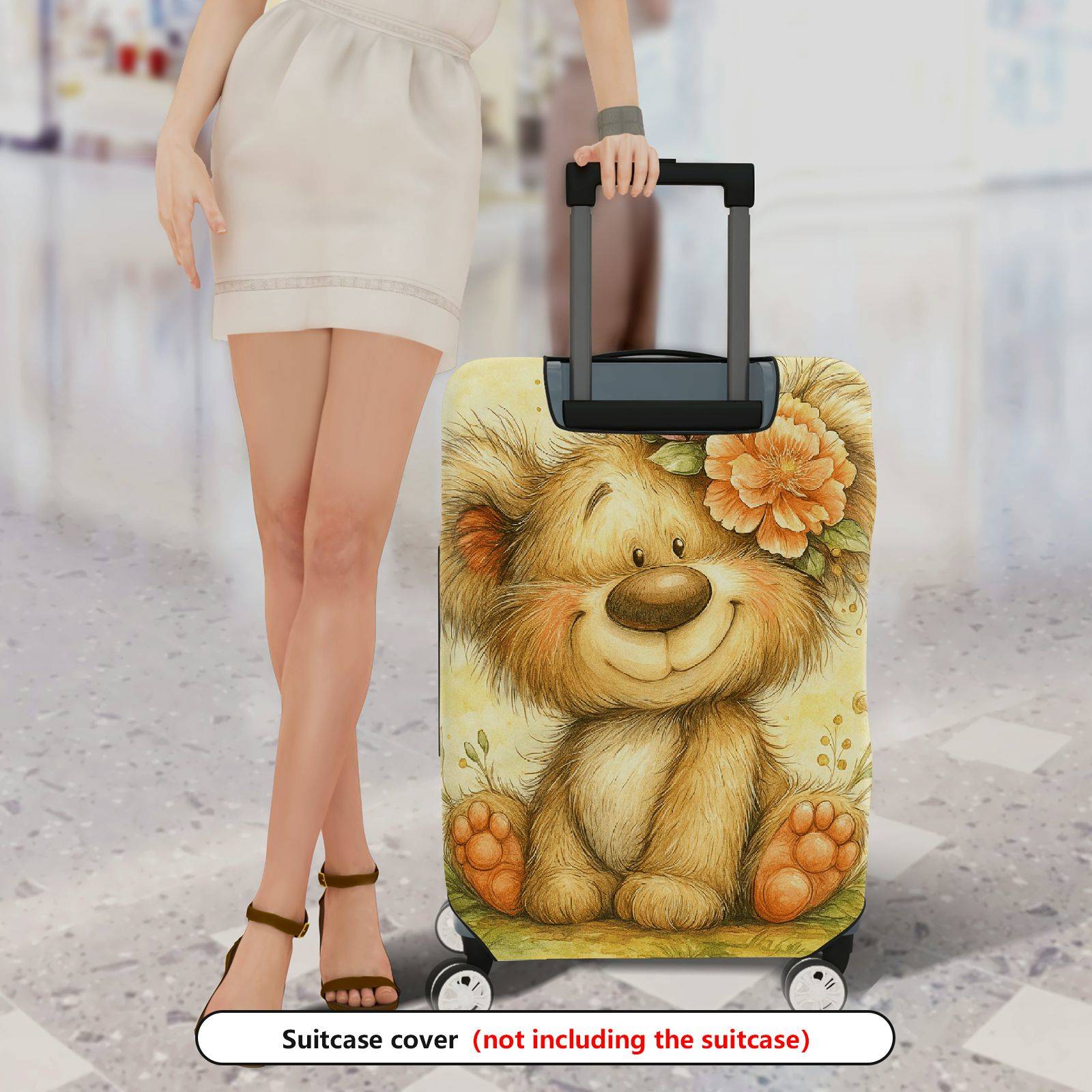 1-Piece Cute Bear Floral Animal Art Yellow Travel  Suitcase Luggage Cover, Stretch Protective Sleeve