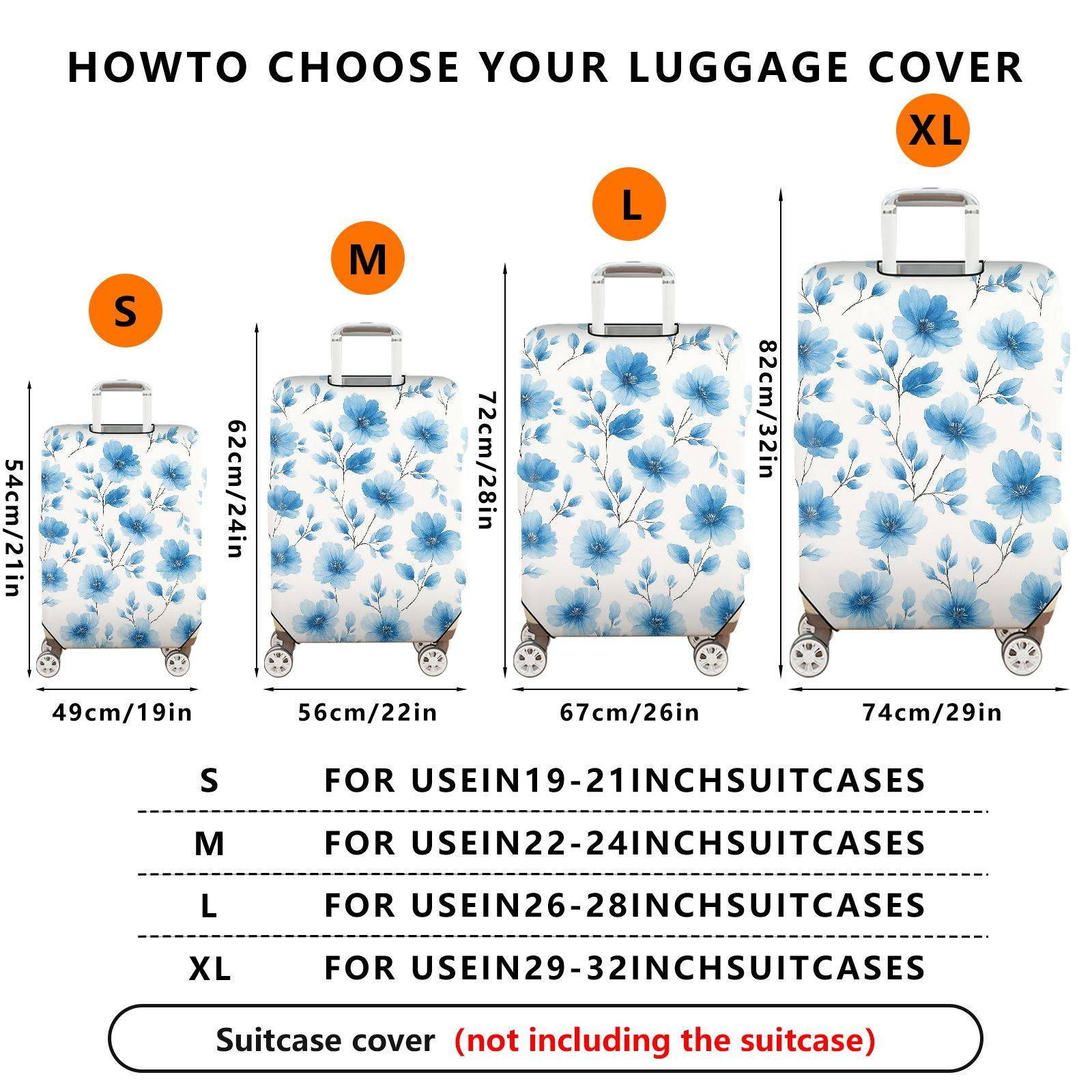 1-Piece Blue Flower Pattern Travel Luggage  Suitcase Luggage Cover, Stretch Protective Sleeve