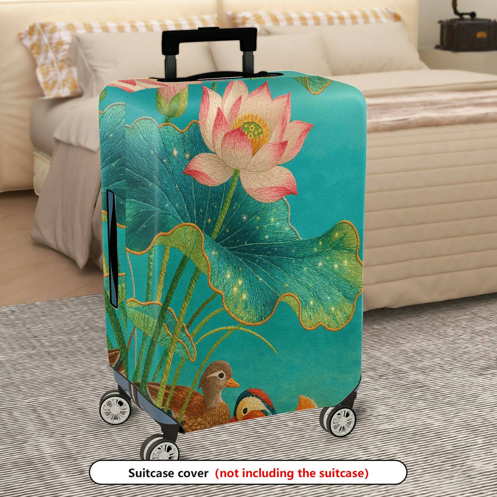 1-Piece Lotus Flower Pond Duck Illustration  Suitcase Luggage Cover, Stretch Protective Sleeve