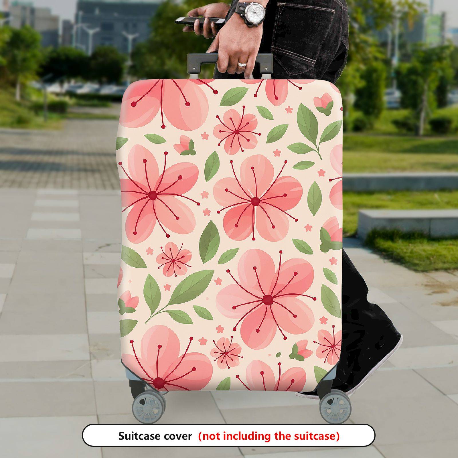 1-Piece Floral Pink Green Butterfly Leaf Flower  Suitcase Luggage Cover, Stretch Protective Sleeve