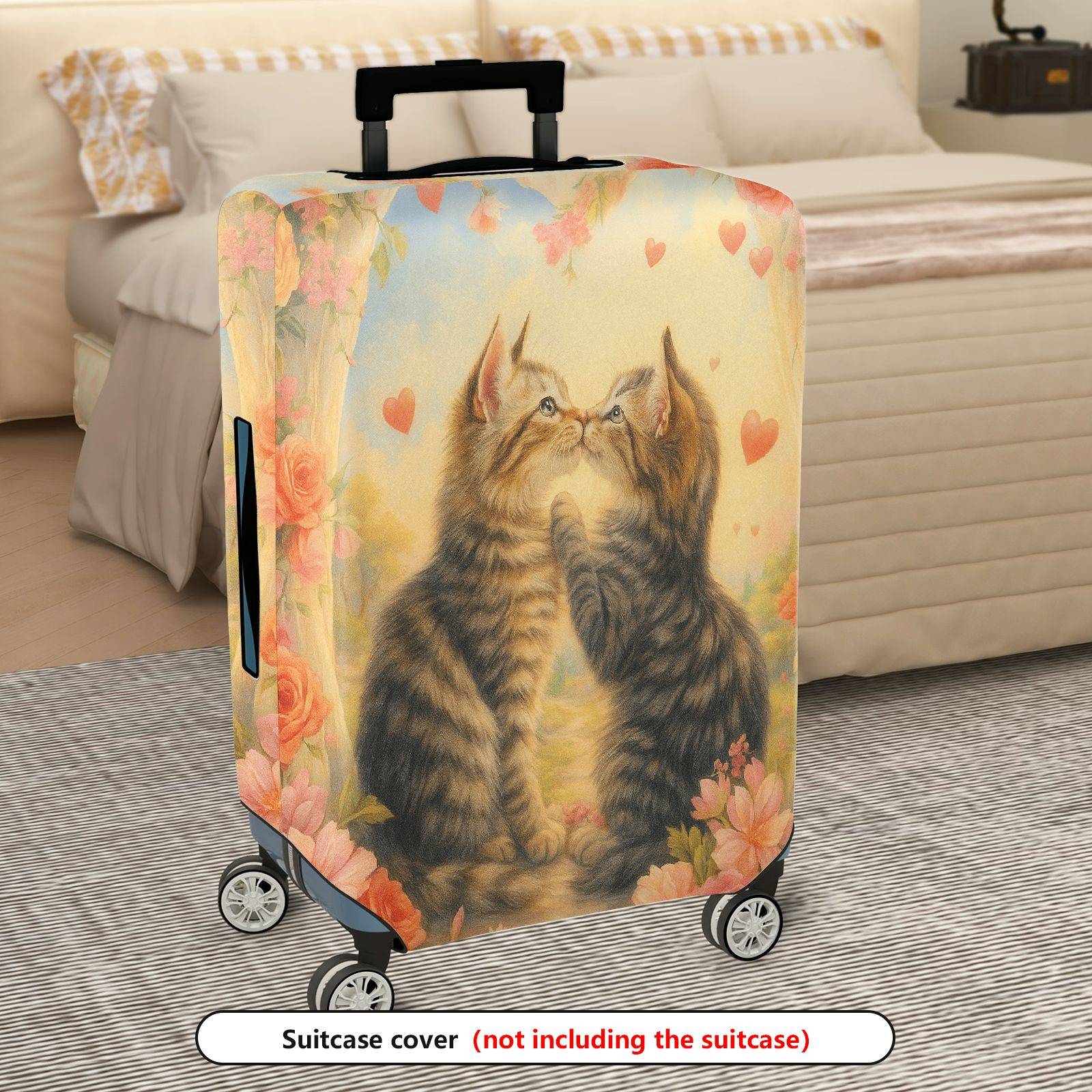 1-Piece Cute Romantic Floral Heart Cat  Suitcase Luggage Cover, Stretch Protective Sleeve