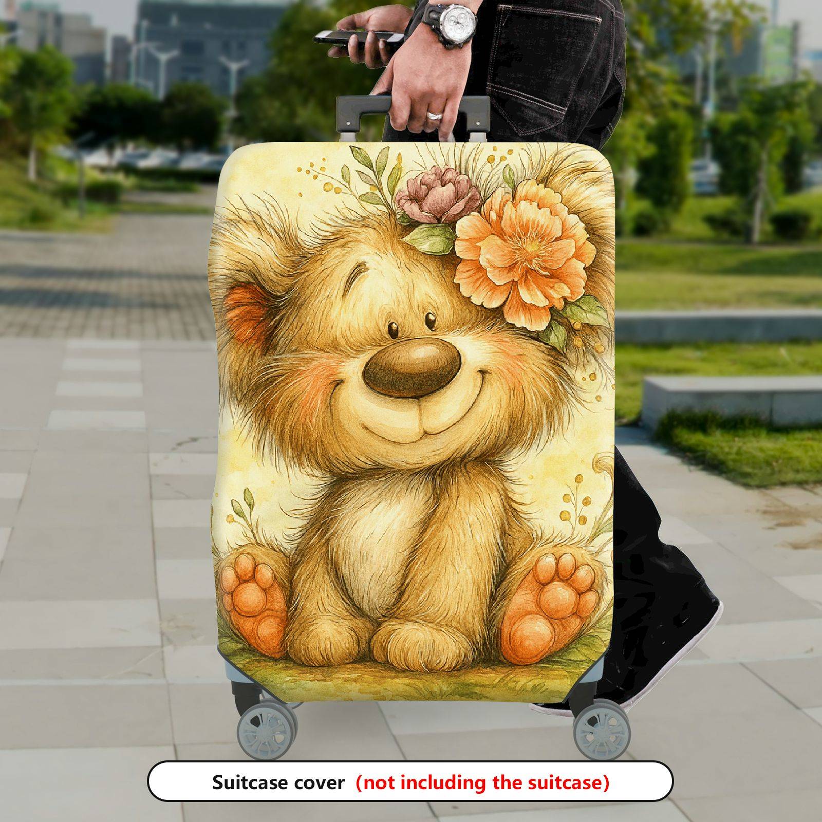 1-Piece Cute Bear Floral Animal Art Yellow Travel  Suitcase Luggage Cover, Stretch Protective Sleeve