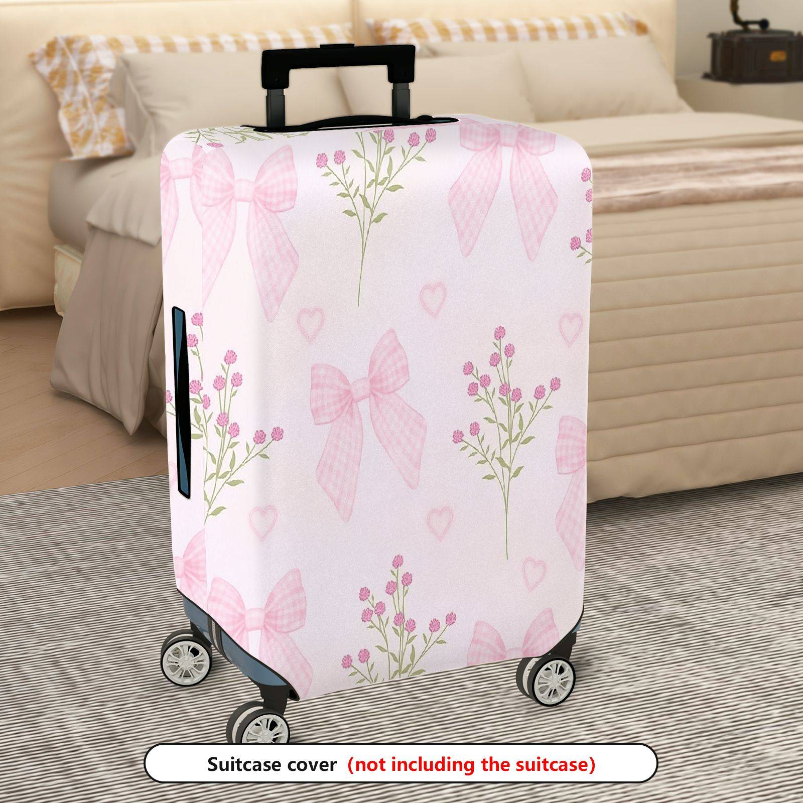 1-Piece Pink Bow Floral Heart Checked Luggage  Suitcase Luggage Cover, Stretch Protective Sleeve