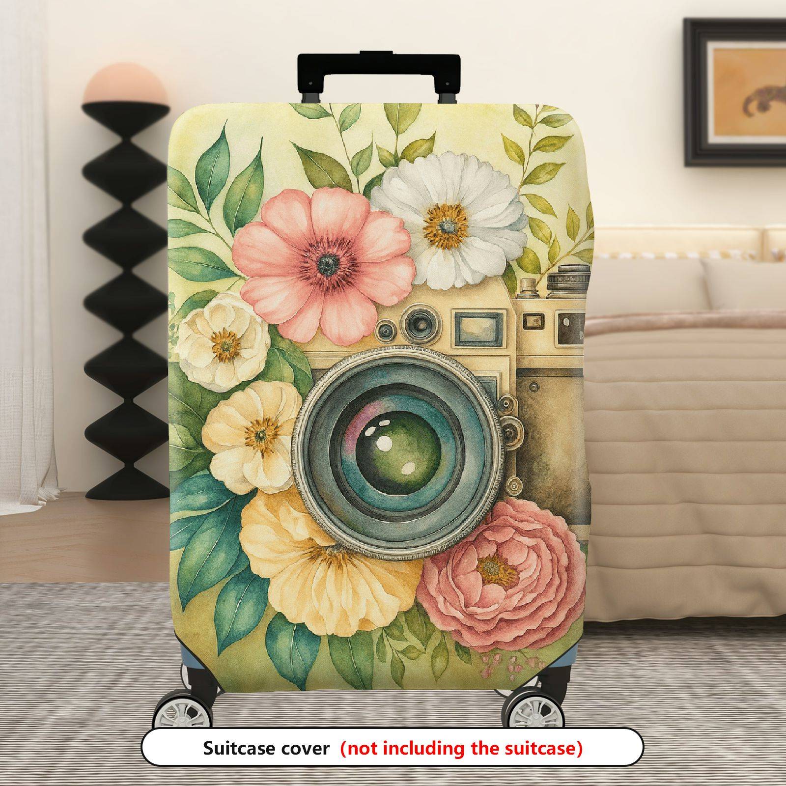 1-Piece Vintage Floral Camera Artistic Bloom Colorful  Suitcase Luggage Cover, Stretch Protective Sleeve