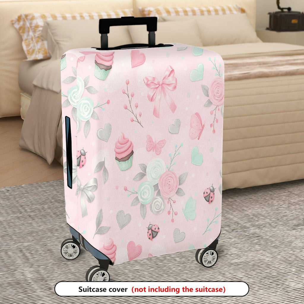 1-Piece Pink Ladybug Heart Butterfly Flower Bow  Suitcase Luggage Cover, Stretch Protective Sleeve