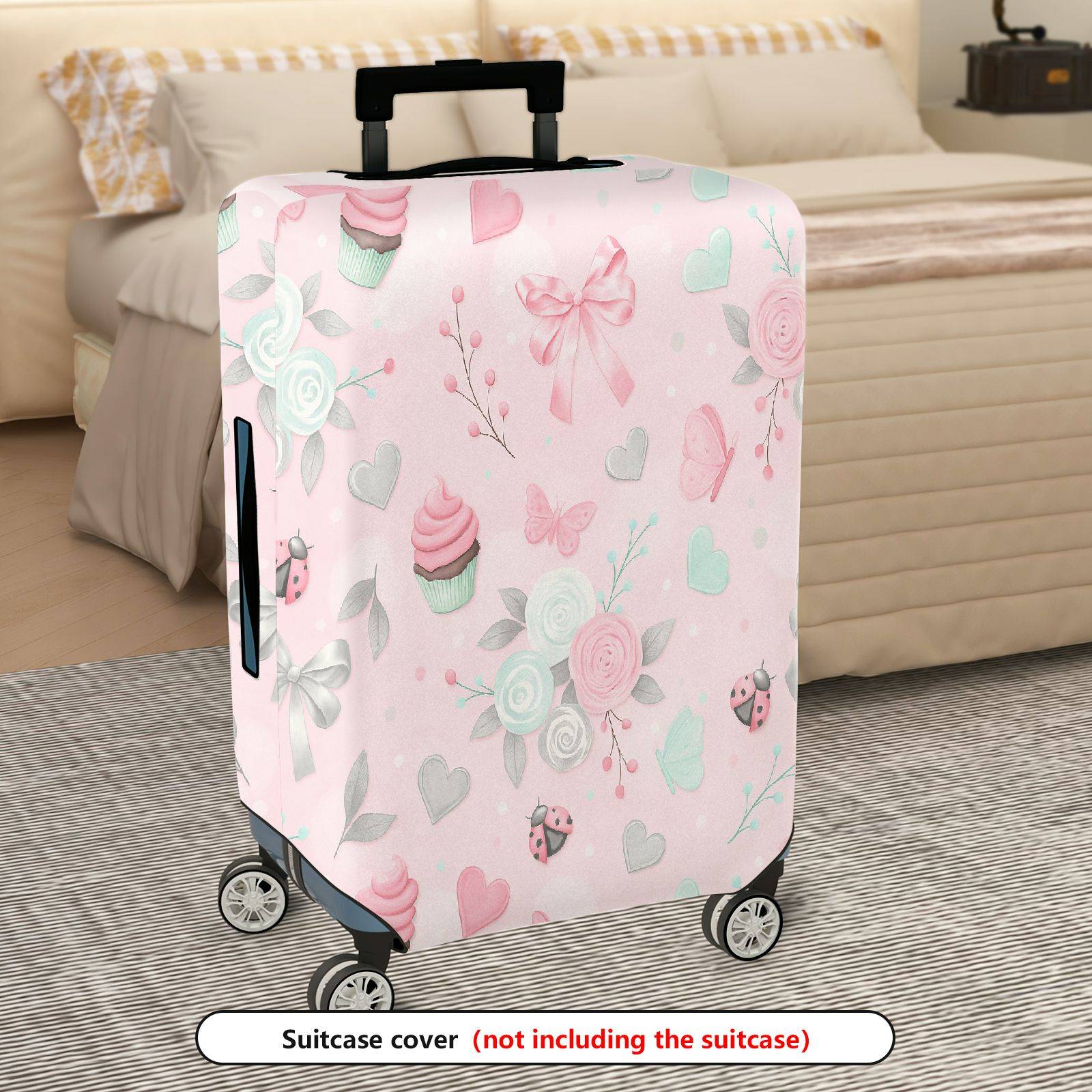 1-Piece Pink Ladybug Heart Butterfly Flower Bow  Suitcase Luggage Cover, Stretch Protective Sleeve