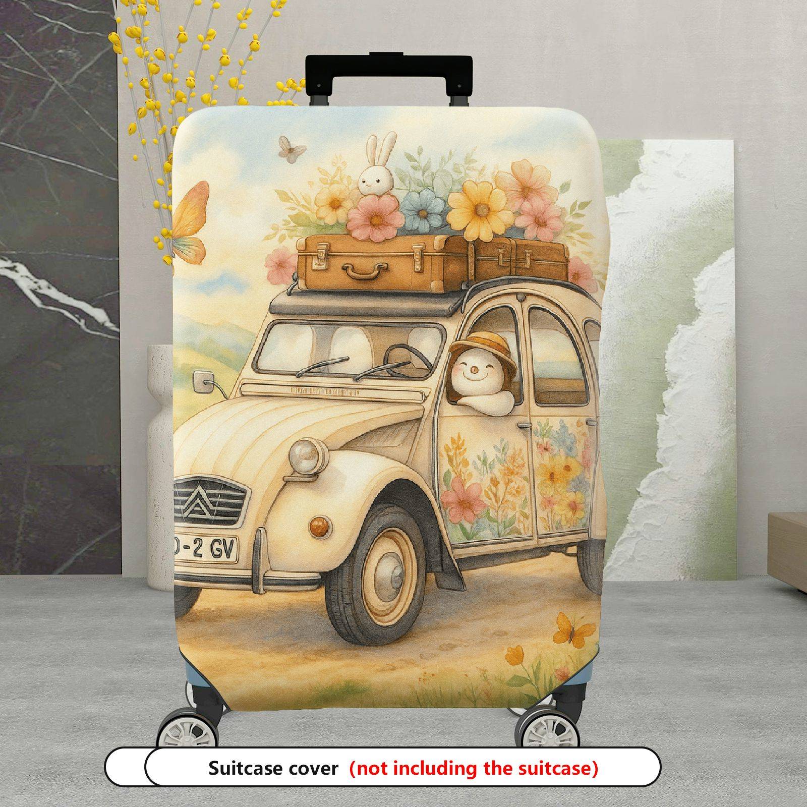 1-Piece Pastoral Flowers Vintage Car Animal  Suitcase Luggage Cover, Stretch Protective Sleeve