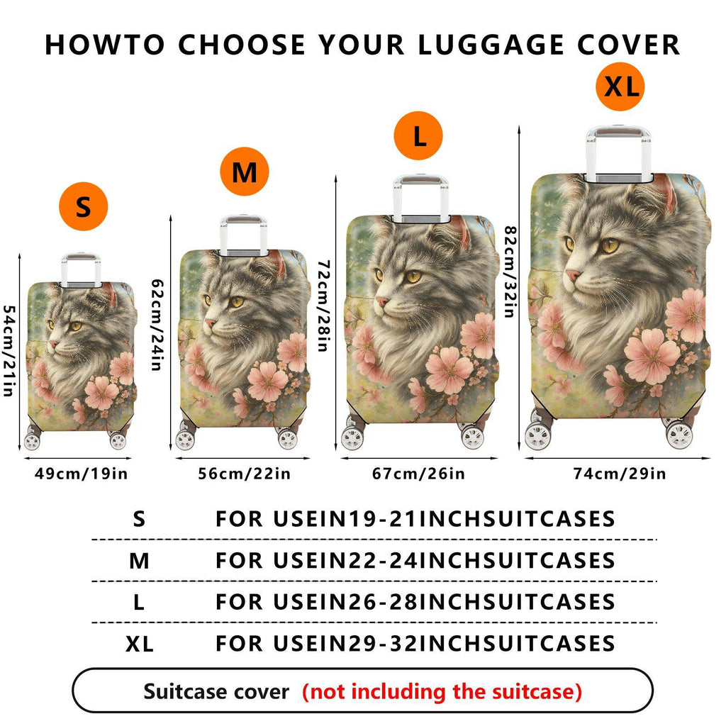 1-Piece Floral Cat Art Pastel Spring Nature  Suitcase Luggage Cover, Stretch Protective Sleeve