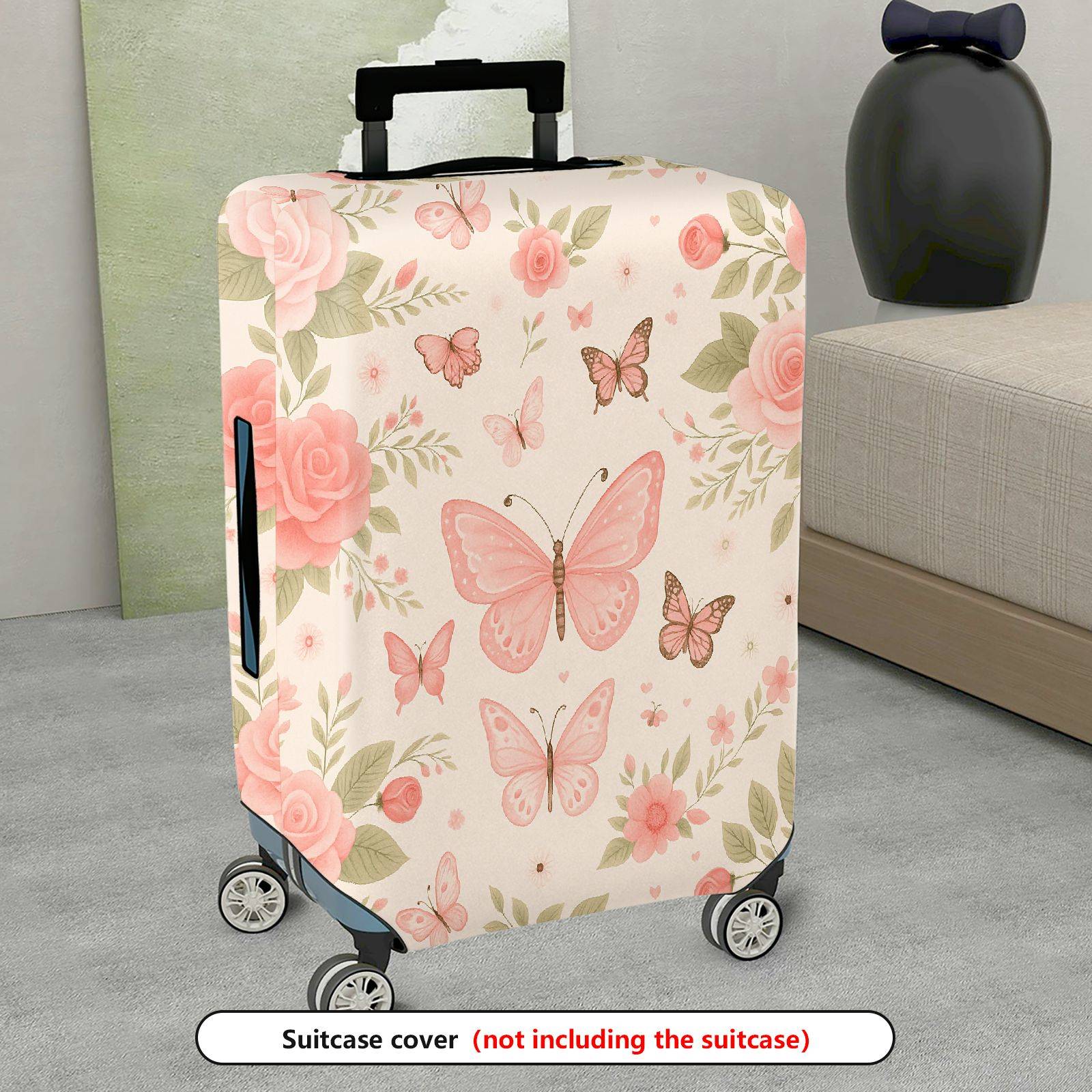 1-Piece Floral Butterfly Pink Rose Nature Art  Suitcase Luggage Cover, Stretch Protective Sleeve