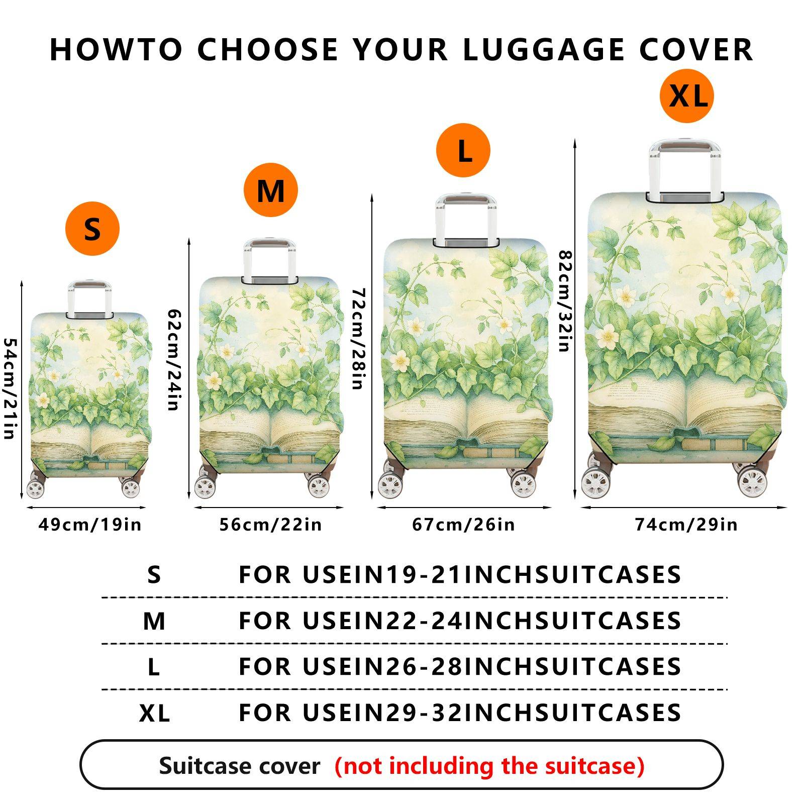 1-Piece Vintage Nature Artistic Book Floral Greenery Leaves  Suitcase Luggage Cover, Stretch Protective Sleeve