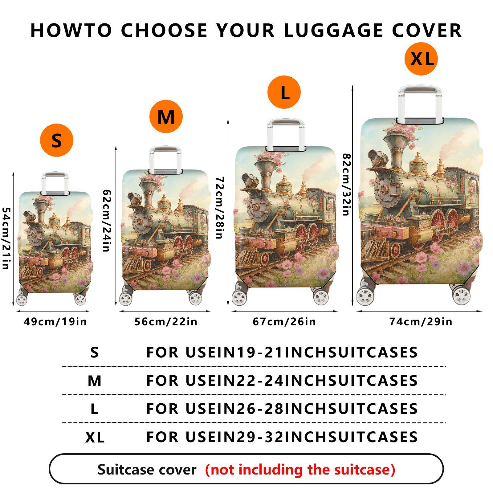 1-Piece Vintage Floral Steam Train Art Travel  Suitcase Luggage Cover, Stretch Protective Sleeve