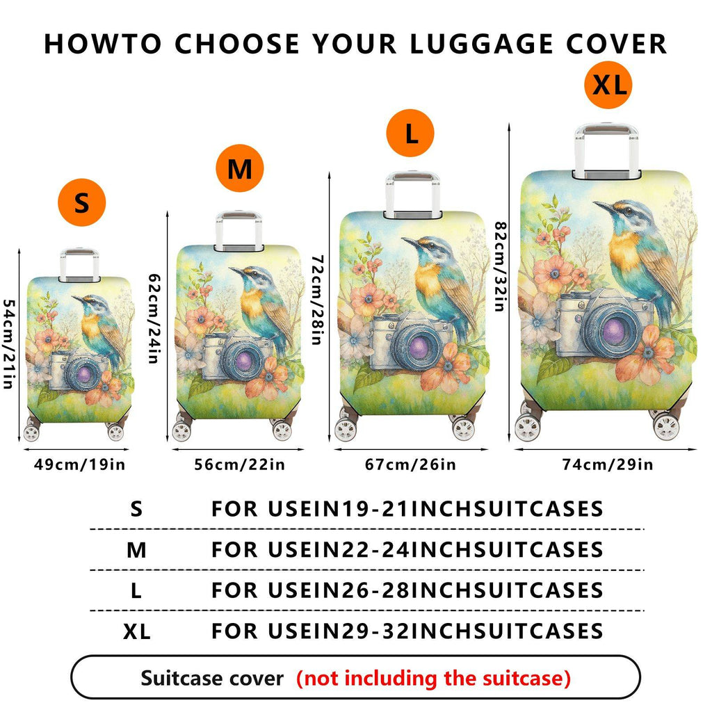 1-Piece Colorful Camera Flower Bird Nature Artistic  Suitcase Luggage Cover, Stretch Protective Sleeve
