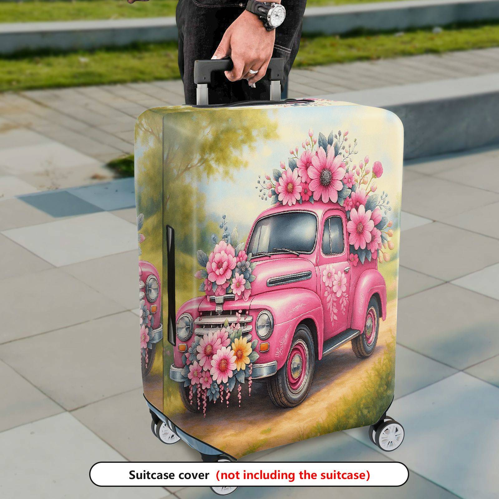 1-Piece Pink Flower Truck Vintage Nature Retro Floral  Suitcase Luggage Cover, Stretch Protective Sleeve
