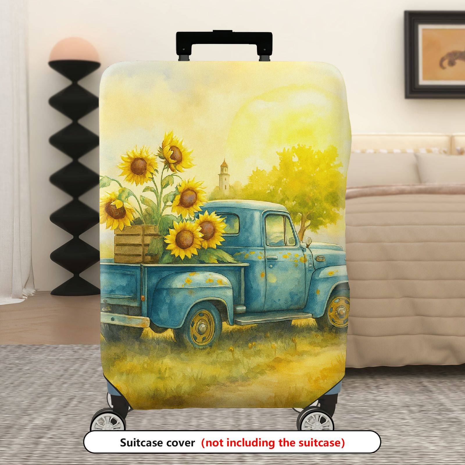 1-Piece Summer Sunflower Farm Vintage Truck Nature Art  Suitcase Luggage Cover, Stretch Protective Sleeve