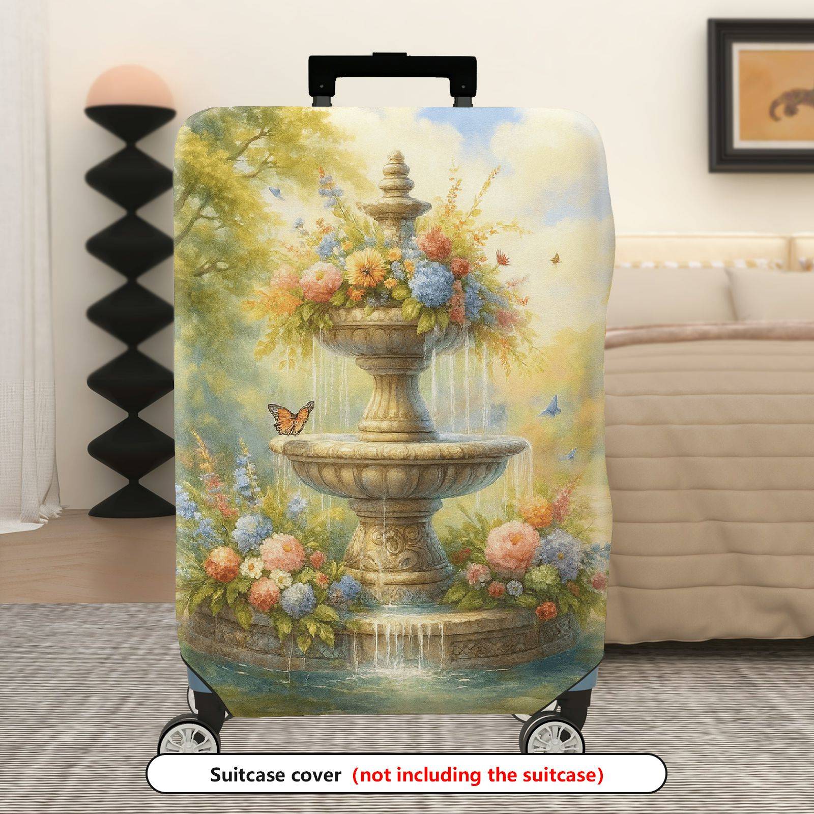 1-Piece Fountain Flower Butterfly Landscape Artistic  Suitcase Luggage Cover, Stretch Protective Sleeve