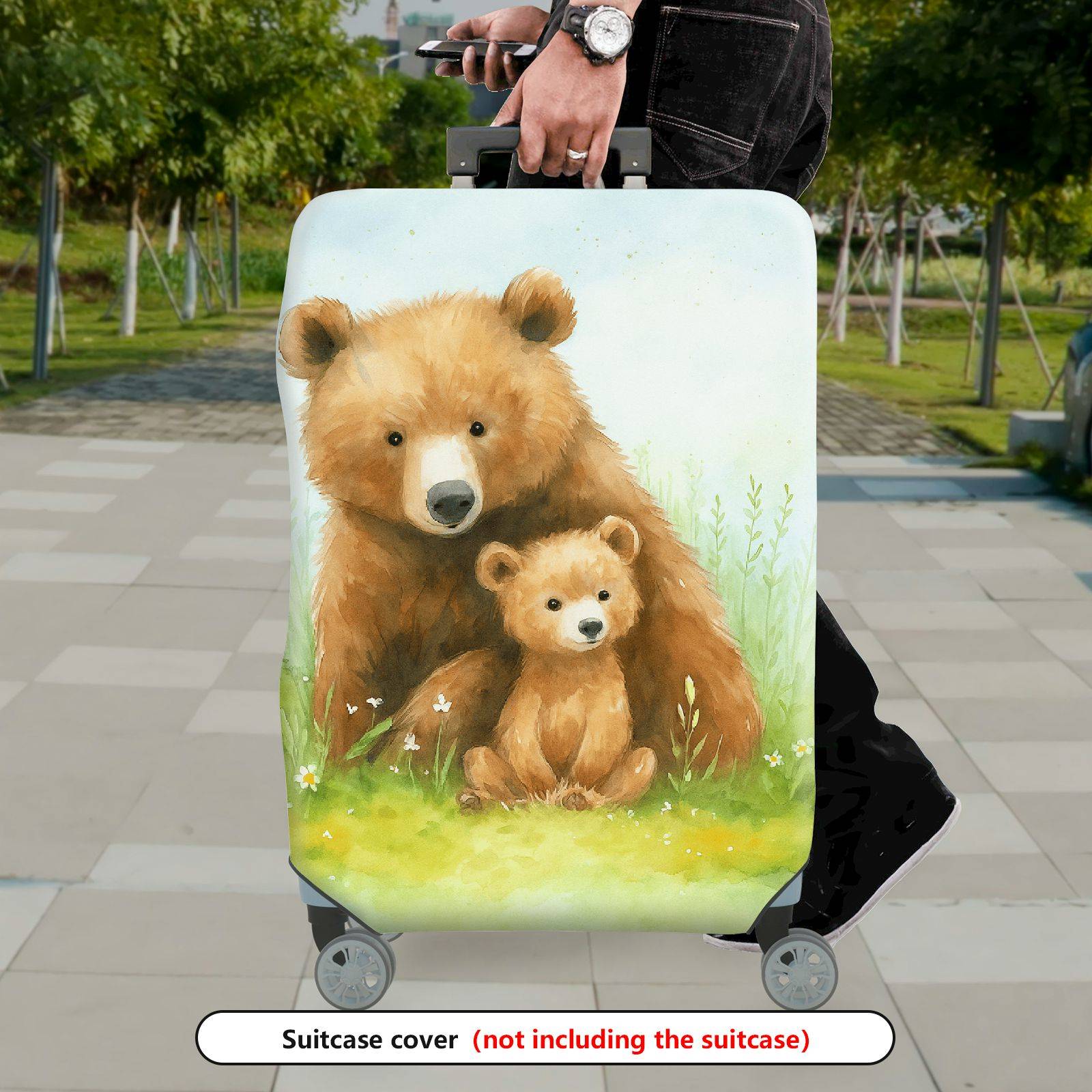 1-Piece Bear Nature Animal  Grass Flower  Suitcase Luggage Cover, Stretch Protective Sleeve