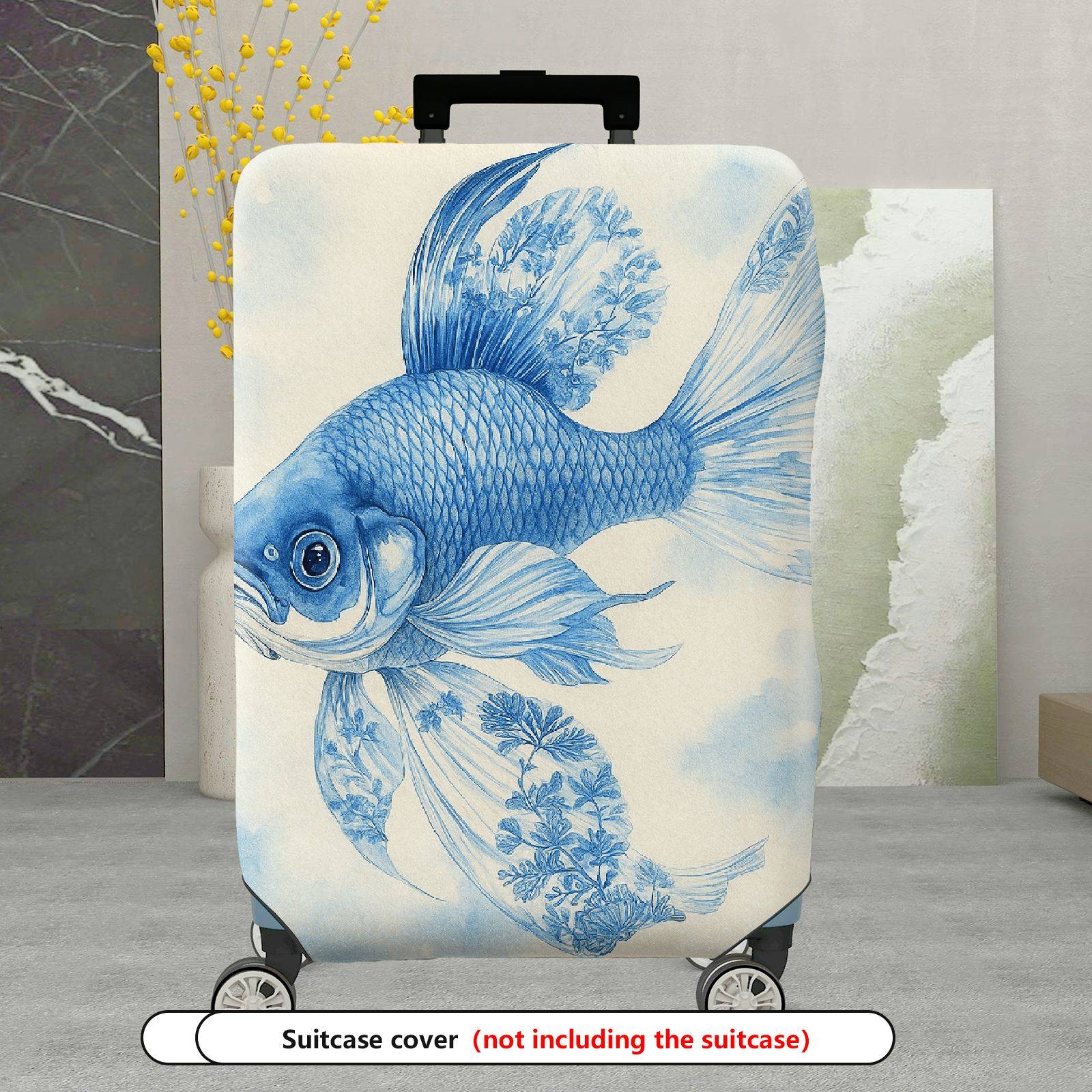 1-Piece Artistic Blue Fish Floral Nature Elegant  Suitcase Luggage Cover, Stretch Protective Sleeve