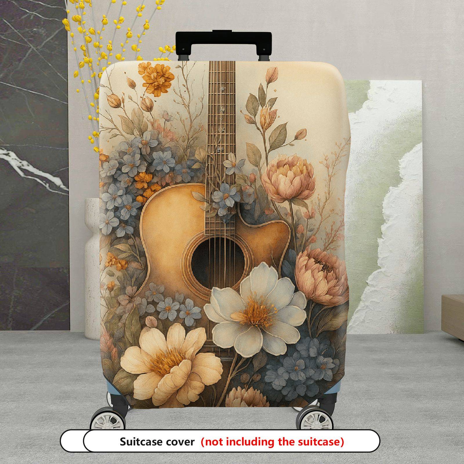 1-Piece Floral Guitar Artistic Vintage Retro Elegant  Suitcase Luggage Cover, Stretch Protective Sleeve