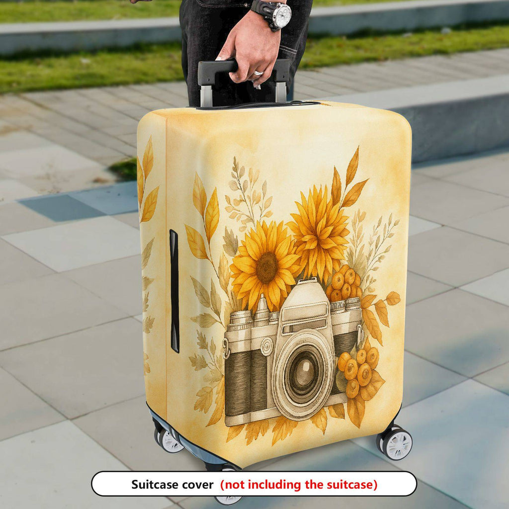 1-Piece Sunflower Camera Autumn Floral Vintage Yellow  Suitcase Luggage Cover, Stretch Protective Sleeve