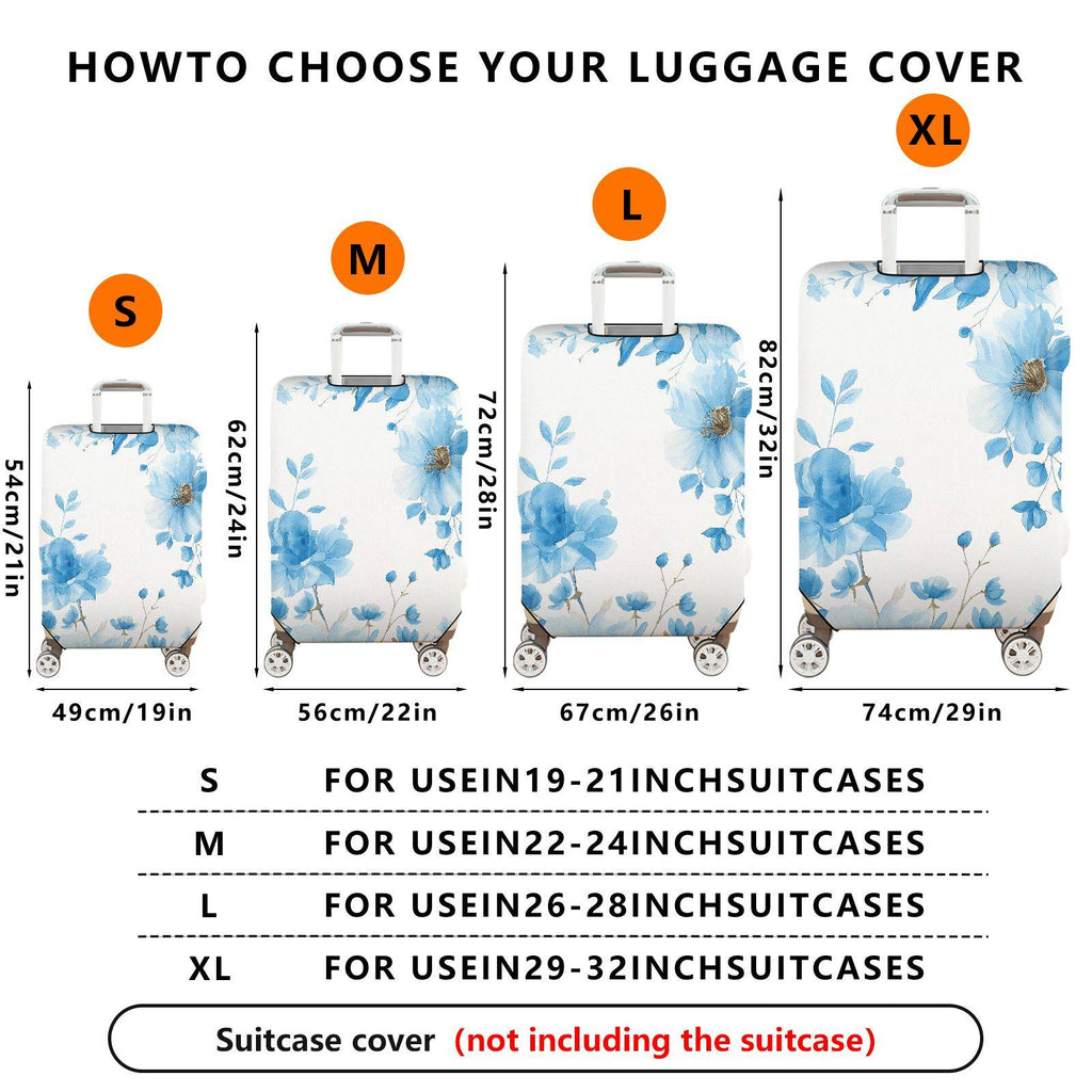 1-Piece Floral Blue White Elegant Artistic Blossom  Suitcase Luggage Cover, Stretch Protective Sleeve