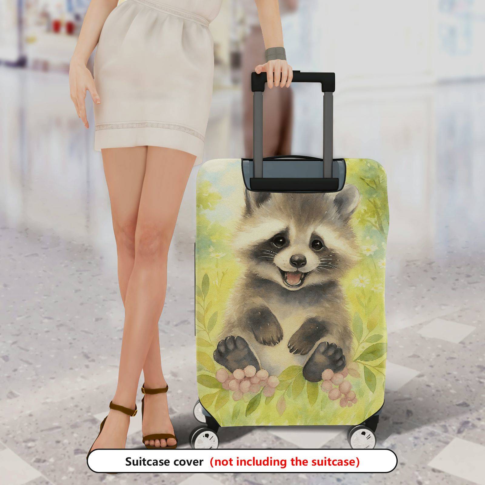 1-Piece Cute Raccoon Animal  Nature Green Flower  Suitcase Luggage Cover, Stretch Protective Sleeve