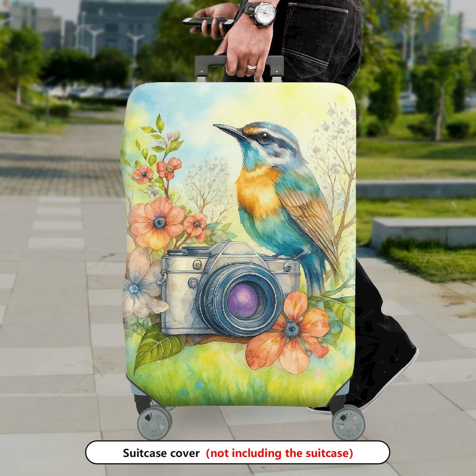 1-Piece Colorful Camera Flower Bird Nature Artistic  Suitcase Luggage Cover, Stretch Protective Sleeve