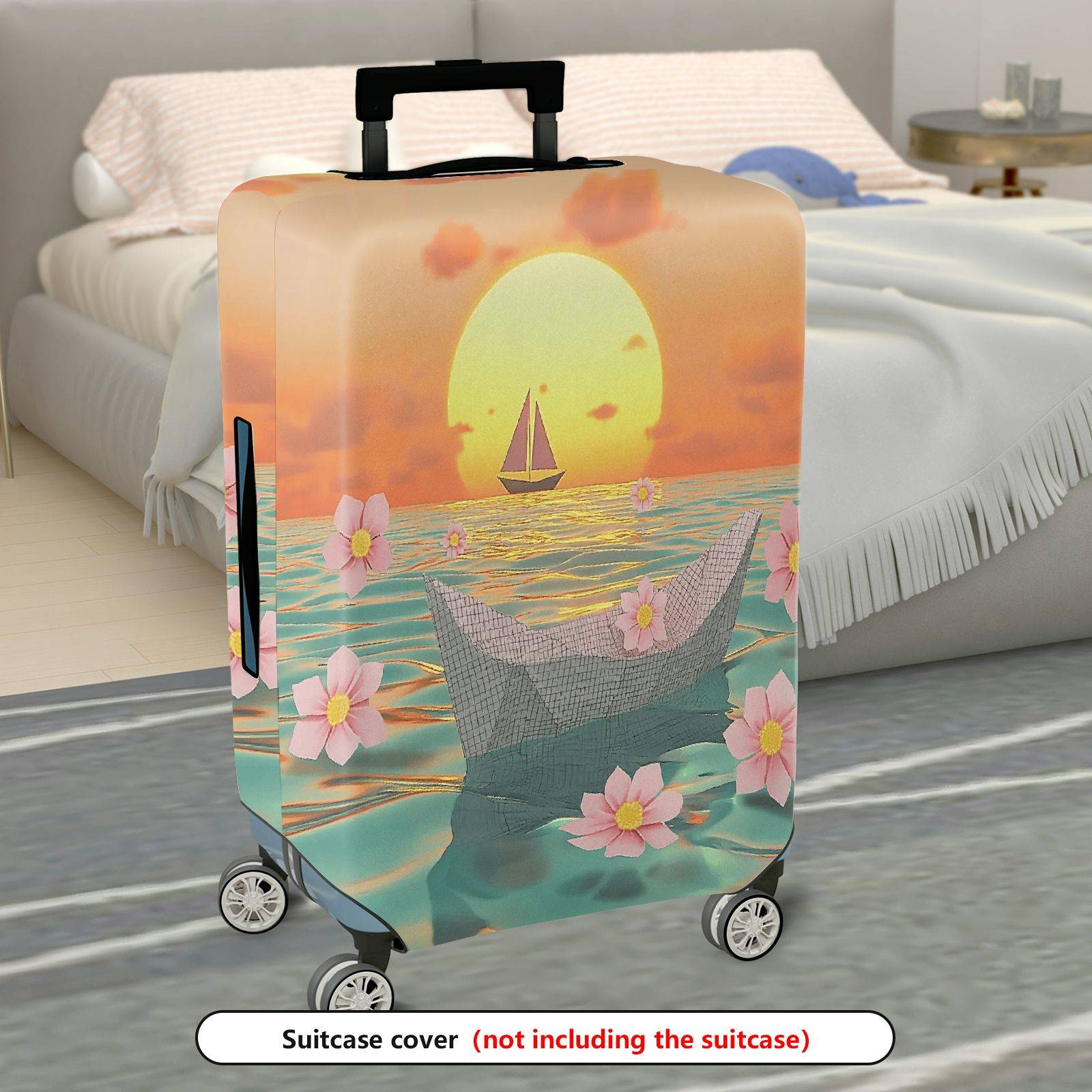 1-Piece Sunset Beach Paper Boat Cherry Blossom Flower  Suitcase Luggage Cover, Stretch Protective Sleeve