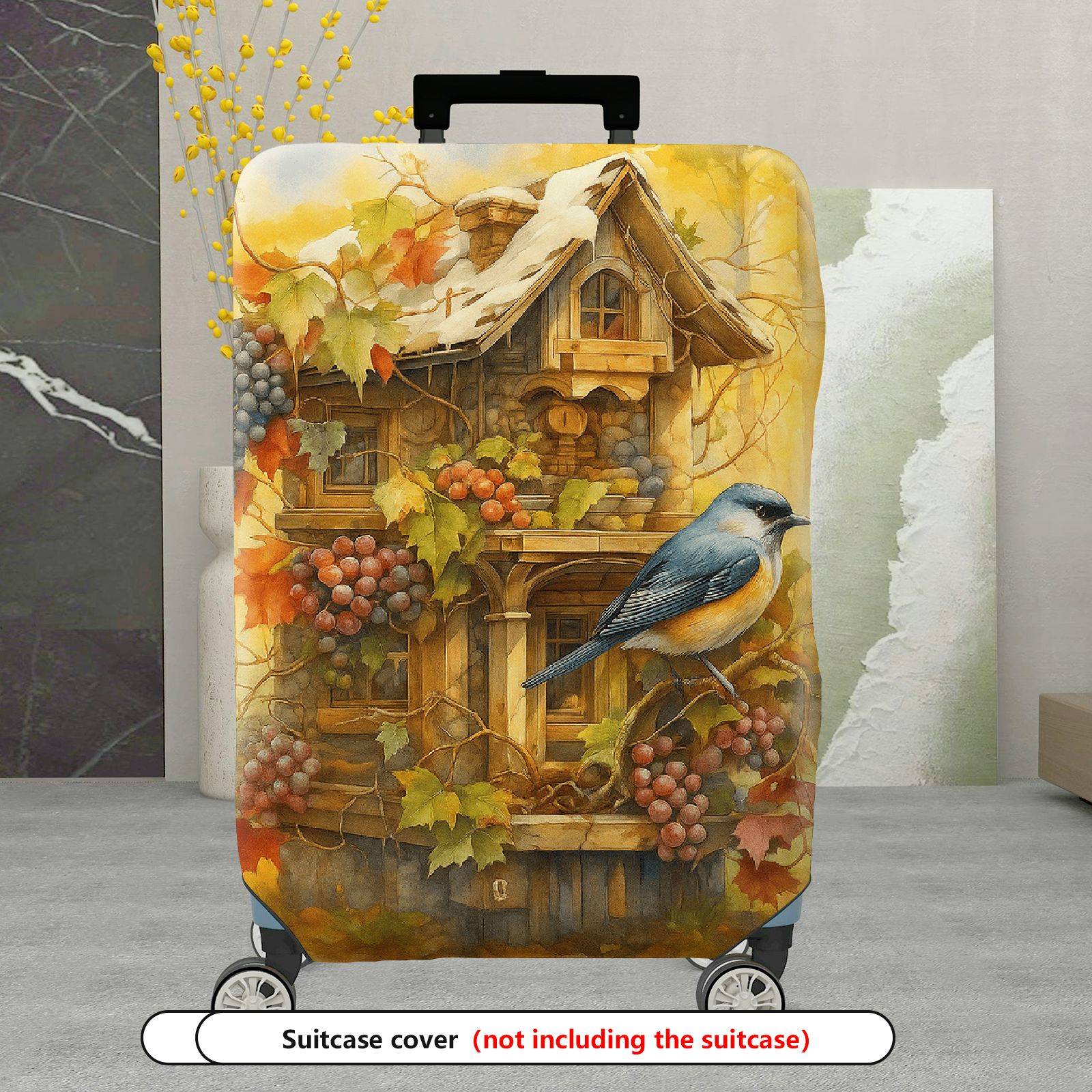 1-Piece Vintage Autumn Birdhouse Grapevine Leaves Artistic  Suitcase Luggage Cover, Stretch Protective Sleeve
