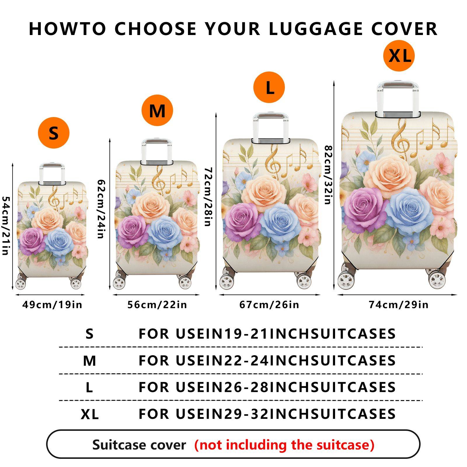1-Piece Floral Music Notes Colorful Roses Abstract Artistic  Suitcase Luggage Cover, Stretch Protective Sleeve