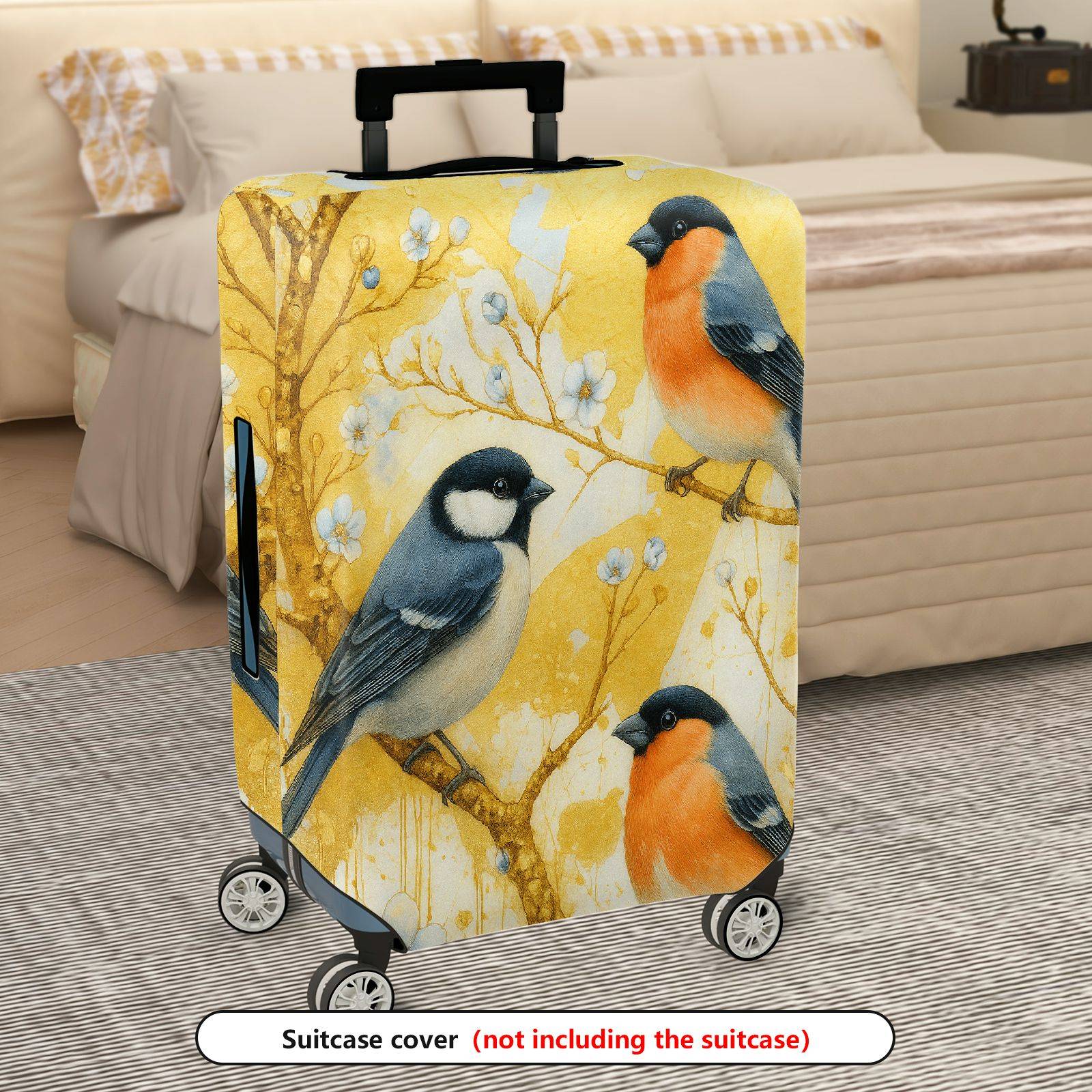 1-Piece Spring Bird Flower Branch Yellow Artistic  Suitcase Luggage Cover, Stretch Protective Sleeve