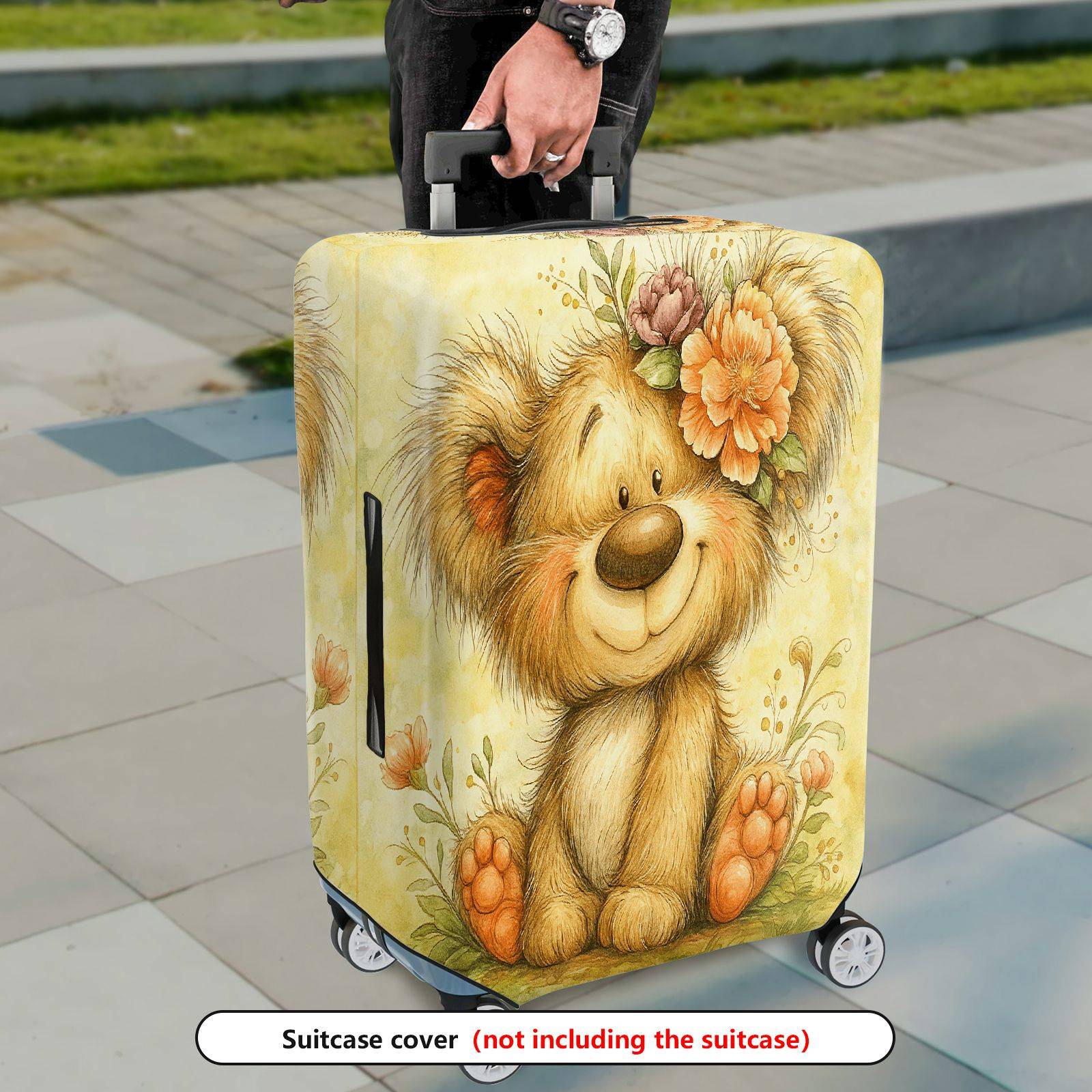 1-Piece Cute Bear Floral Animal Art Yellow Travel  Suitcase Luggage Cover, Stretch Protective Sleeve