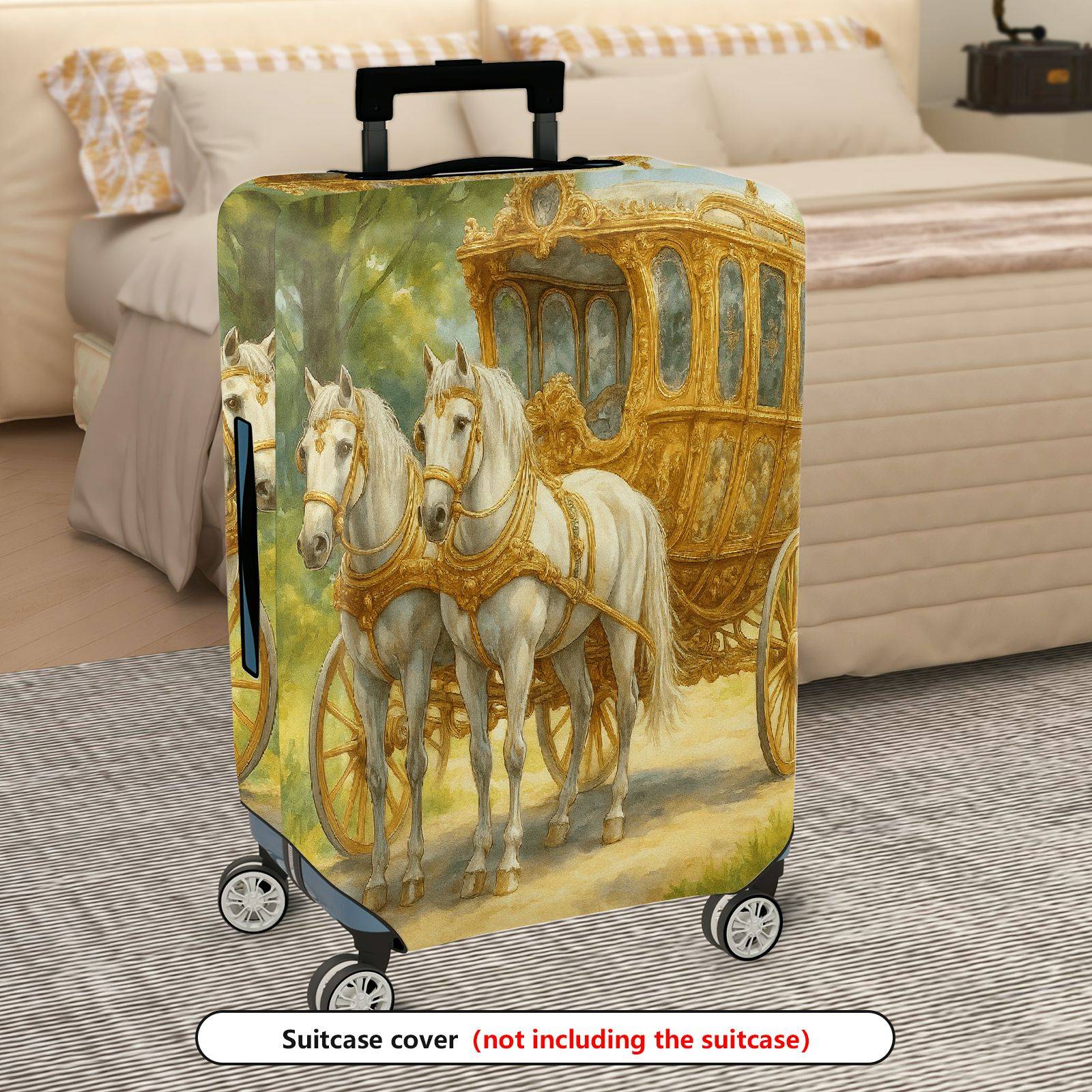 1-Piece Vintage Carriage Horse Green Gold Artistic  Suitcase Luggage Cover, Stretch Protective Sleeve