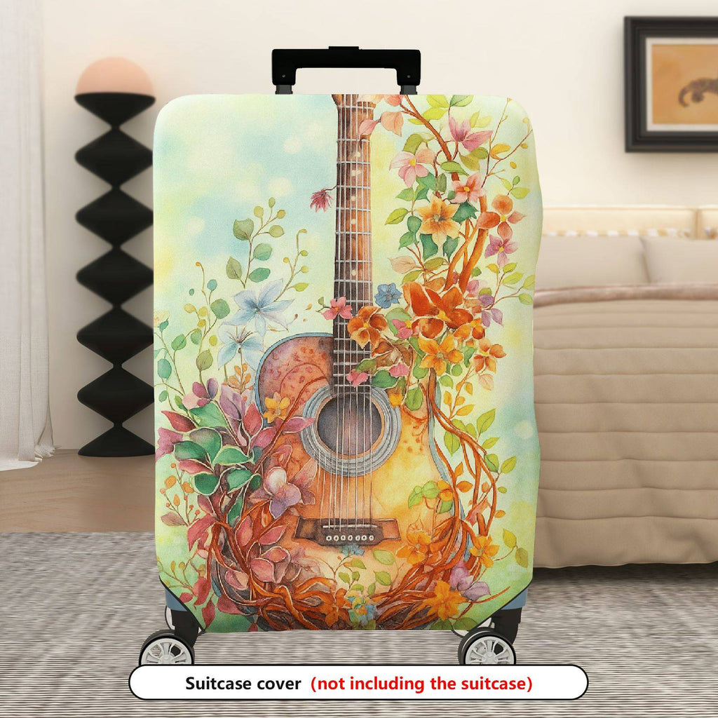 1-Piece Vintage Guitar Floral Artistic Nature Colorful  Suitcase Luggage Cover, Stretch Protective Sleeve