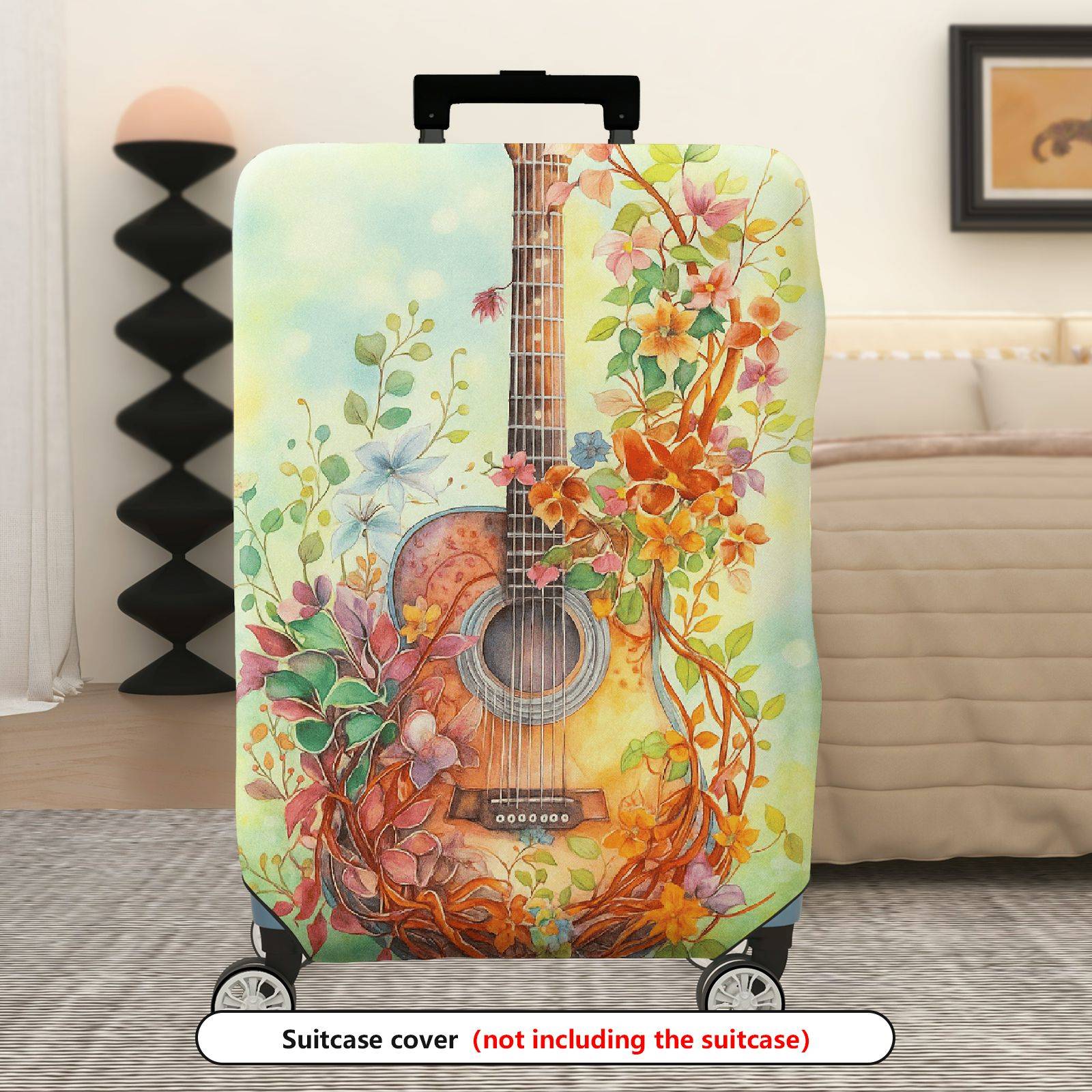 1-Piece Vintage Guitar Floral Artistic Nature Colorful  Suitcase Luggage Cover, Stretch Protective Sleeve