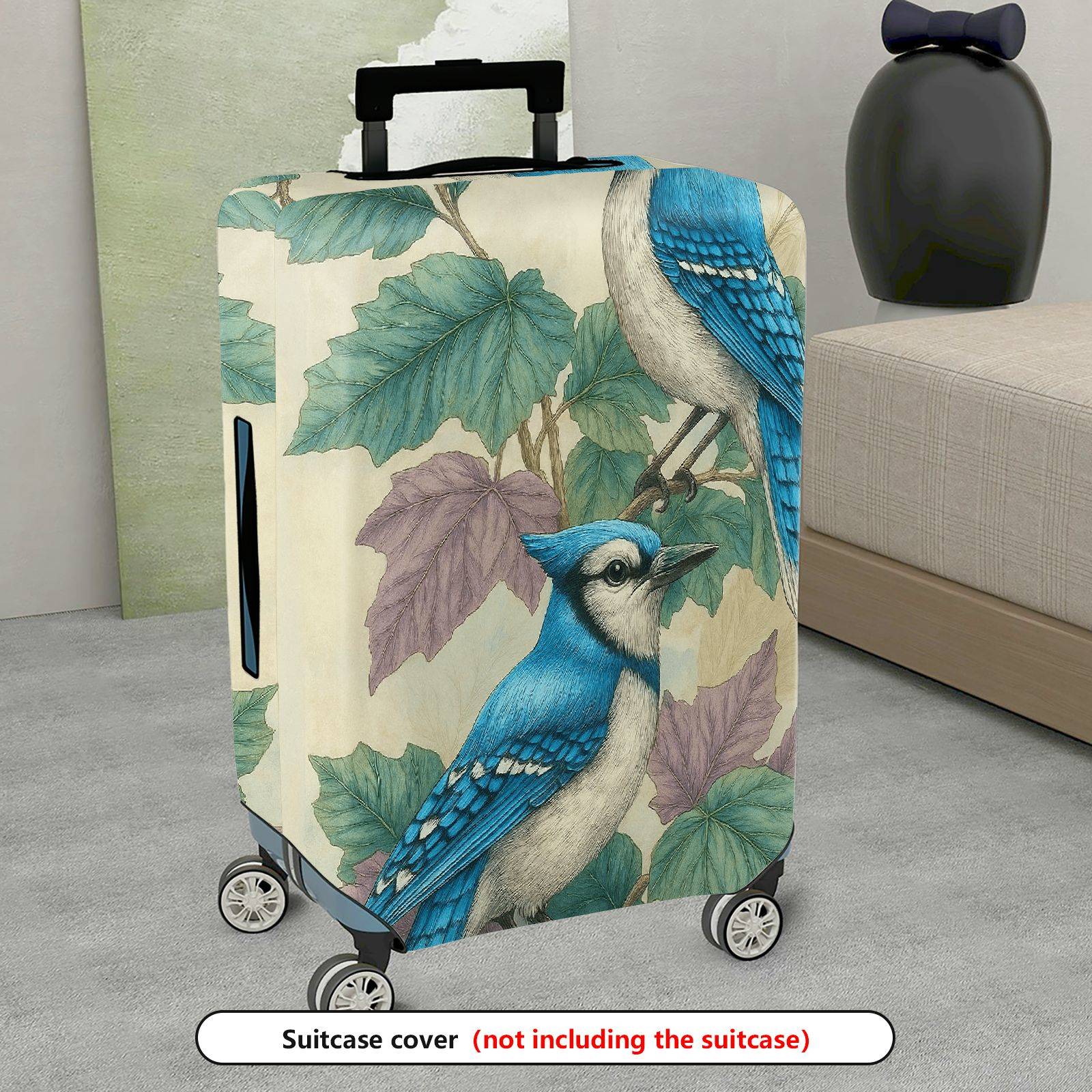 1-Piece Blue Bird Leaves Nature Vintage Art  Suitcase Luggage Cover, Stretch Protective Sleeve