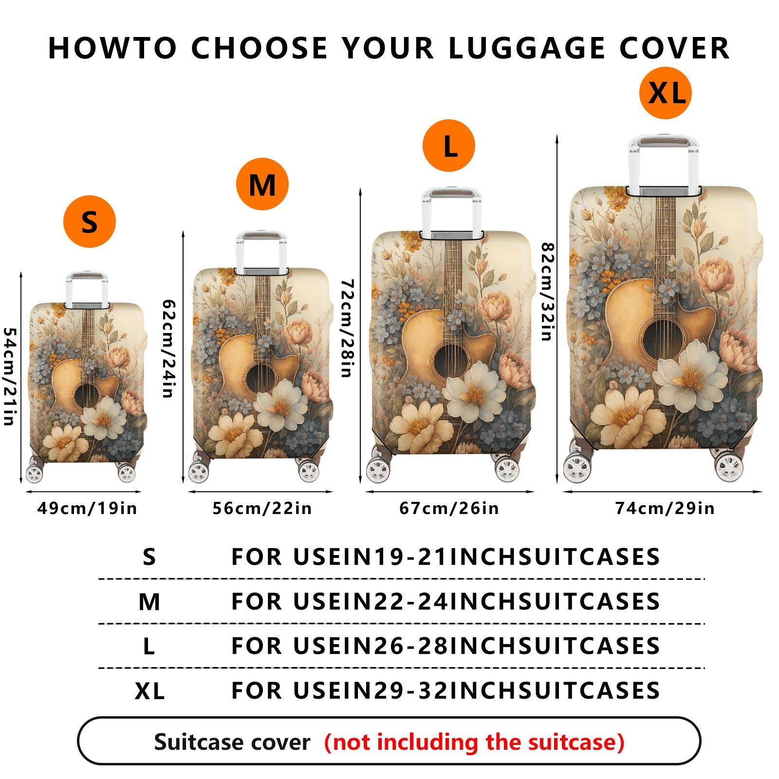 1-Piece Floral Guitar Artistic Vintage Retro Elegant  Suitcase Luggage Cover, Stretch Protective Sleeve
