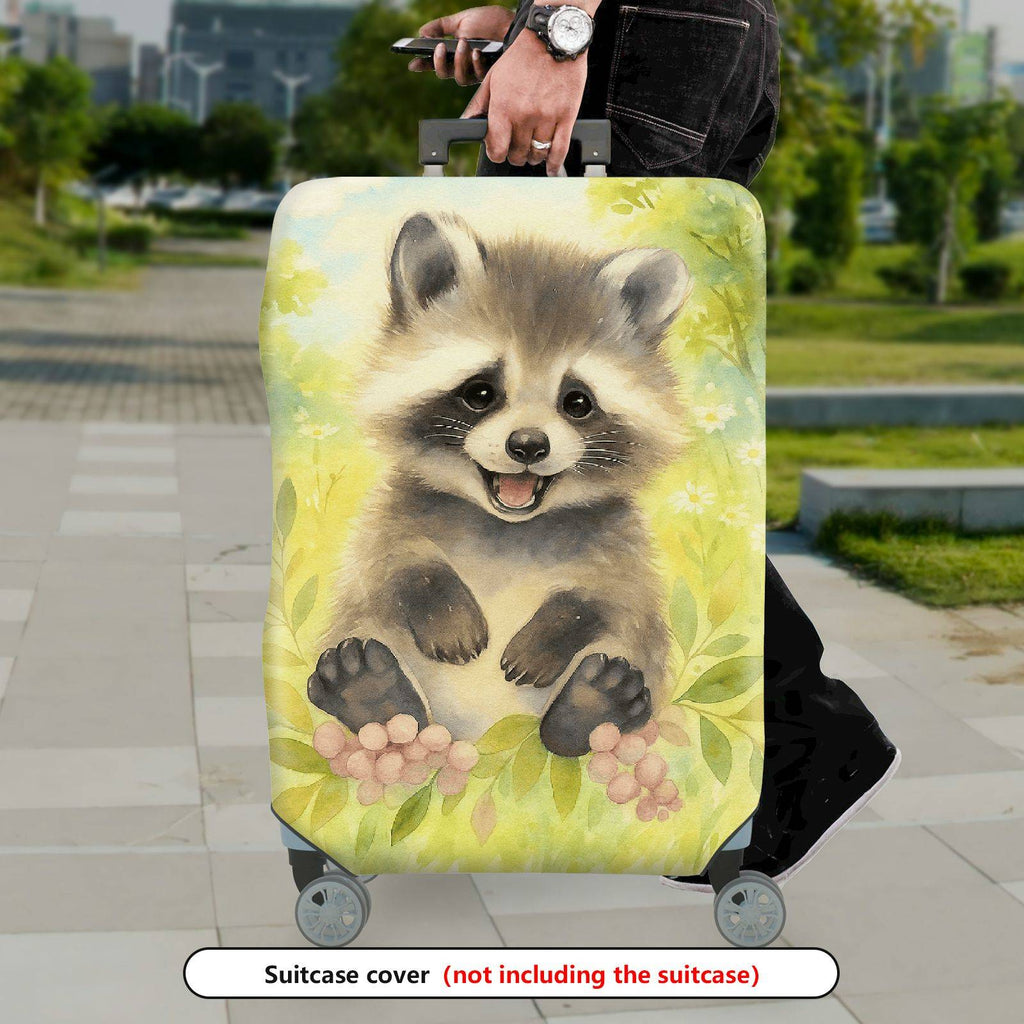 1-Piece Cute Raccoon Animal  Nature Green Flower  Suitcase Luggage Cover, Stretch Protective Sleeve