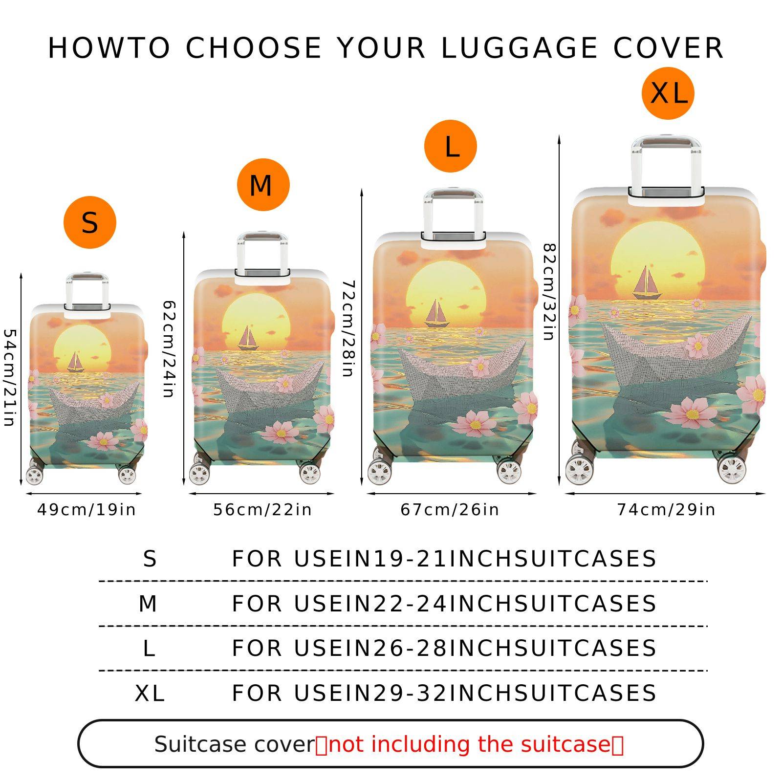 1-Piece Sunset Beach Paper Boat Cherry Blossom Flower  Suitcase Luggage Cover, Stretch Protective Sleeve