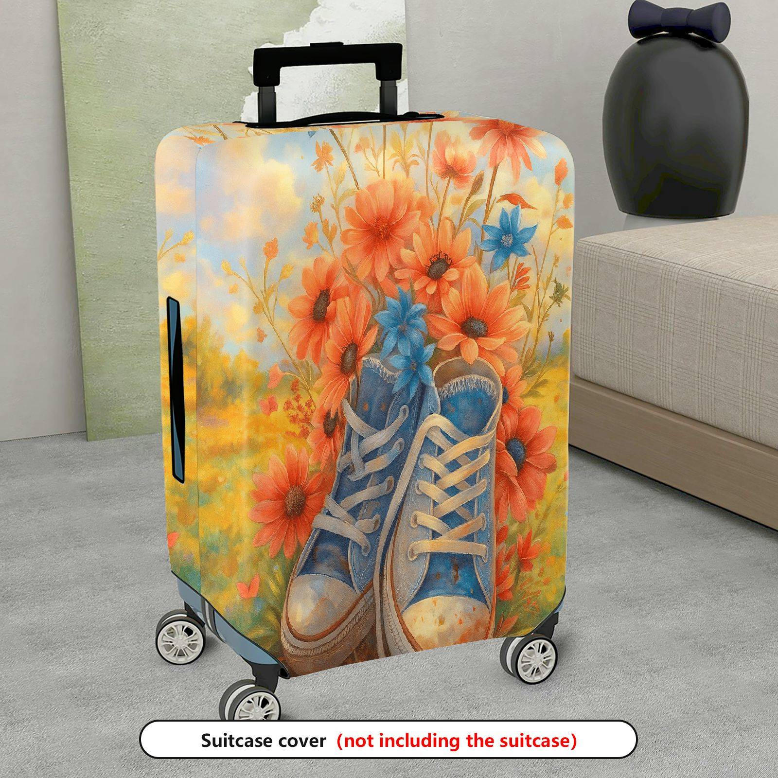 1-Piece Floral Retro Shoes Art Travel Luggage  Suitcase Luggage Cover, Stretch Protective Sleeve