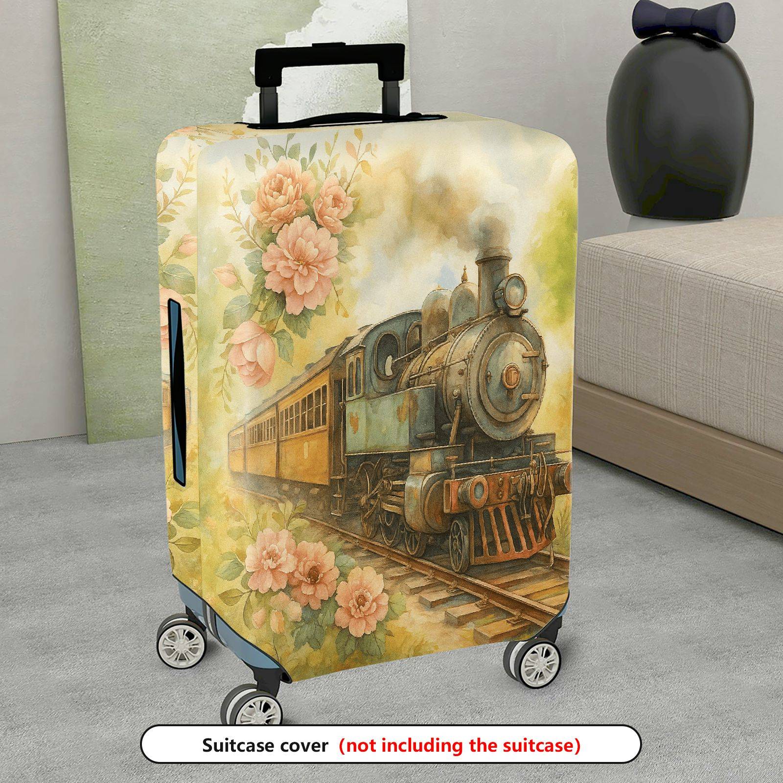 1-Piece Vintage Floral Train Painting Nature Retro Artistic  Suitcase Luggage Cover, Stretch Protective Sleeve
