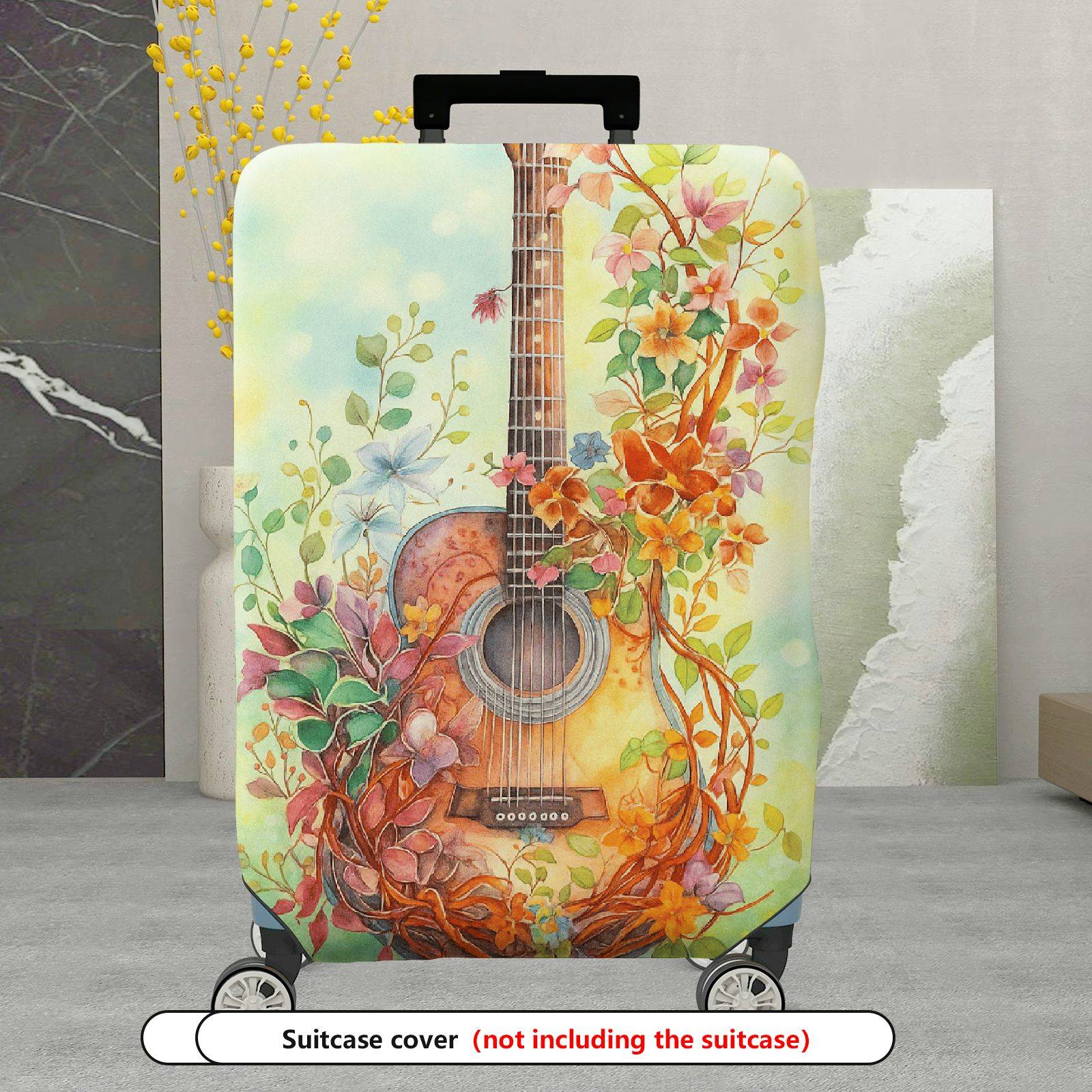 1-Piece Vintage Guitar Floral Artistic Nature Colorful  Suitcase Luggage Cover, Stretch Protective Sleeve